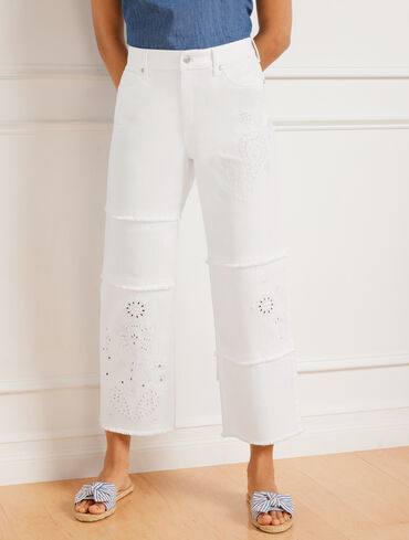Pieced Embroidered Crop Wide Leg Jeans