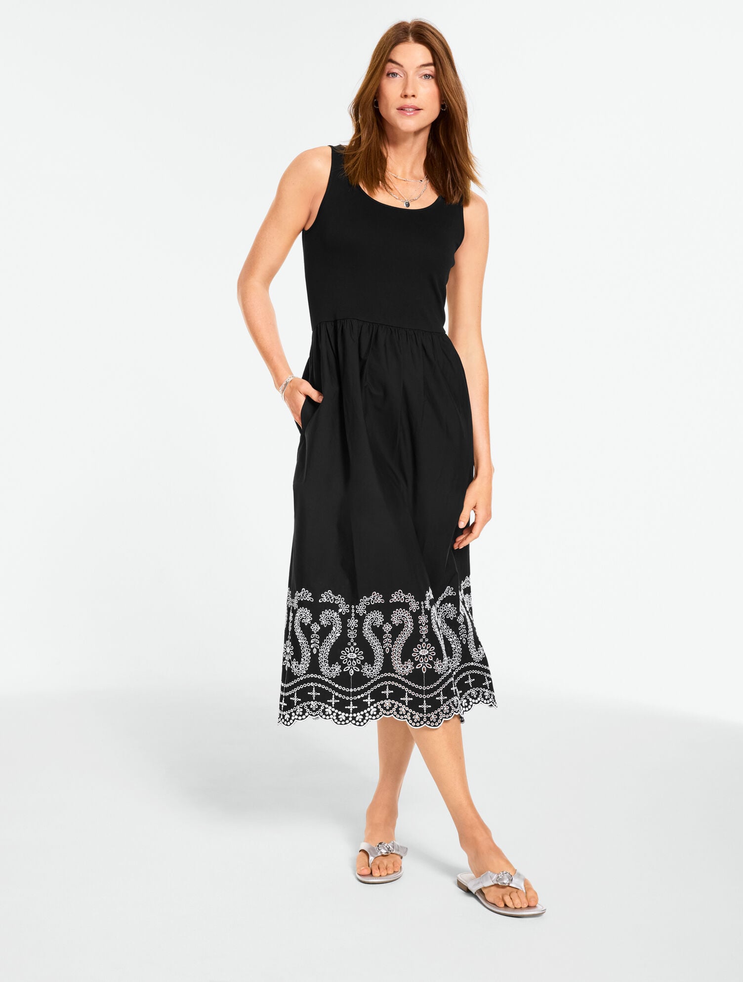 Embroidered Mixed Media Midi Dress
