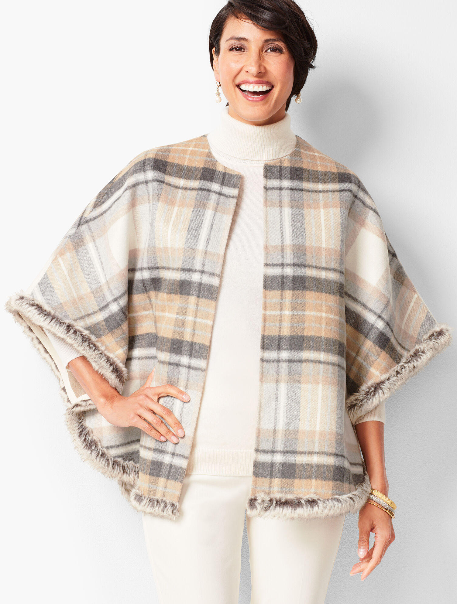 Talbots Ruanas Plaid Faux-Fur Double Face Ruana | Talbots