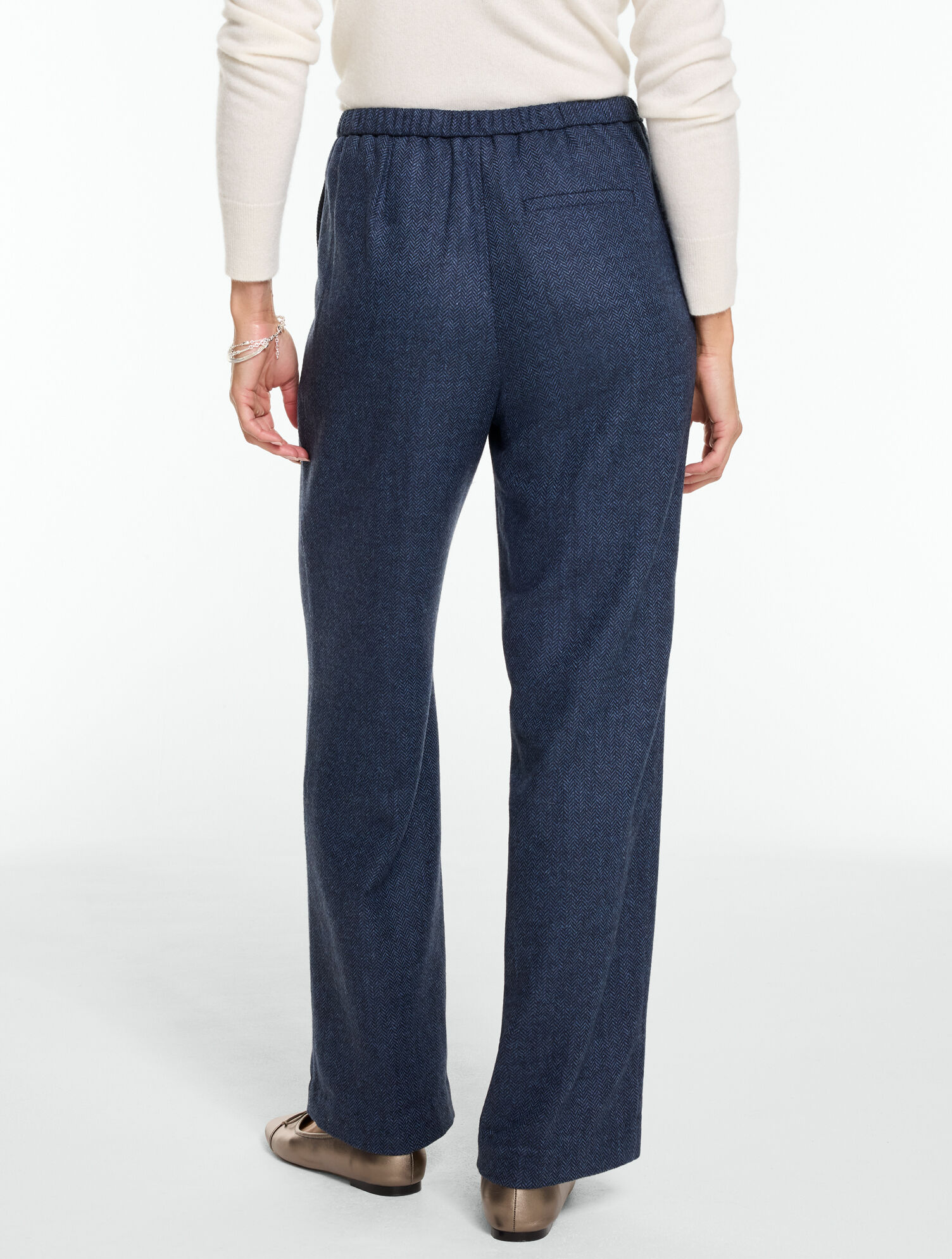 Wool Blend Straight Leg Pull-On Pants - Herringbone