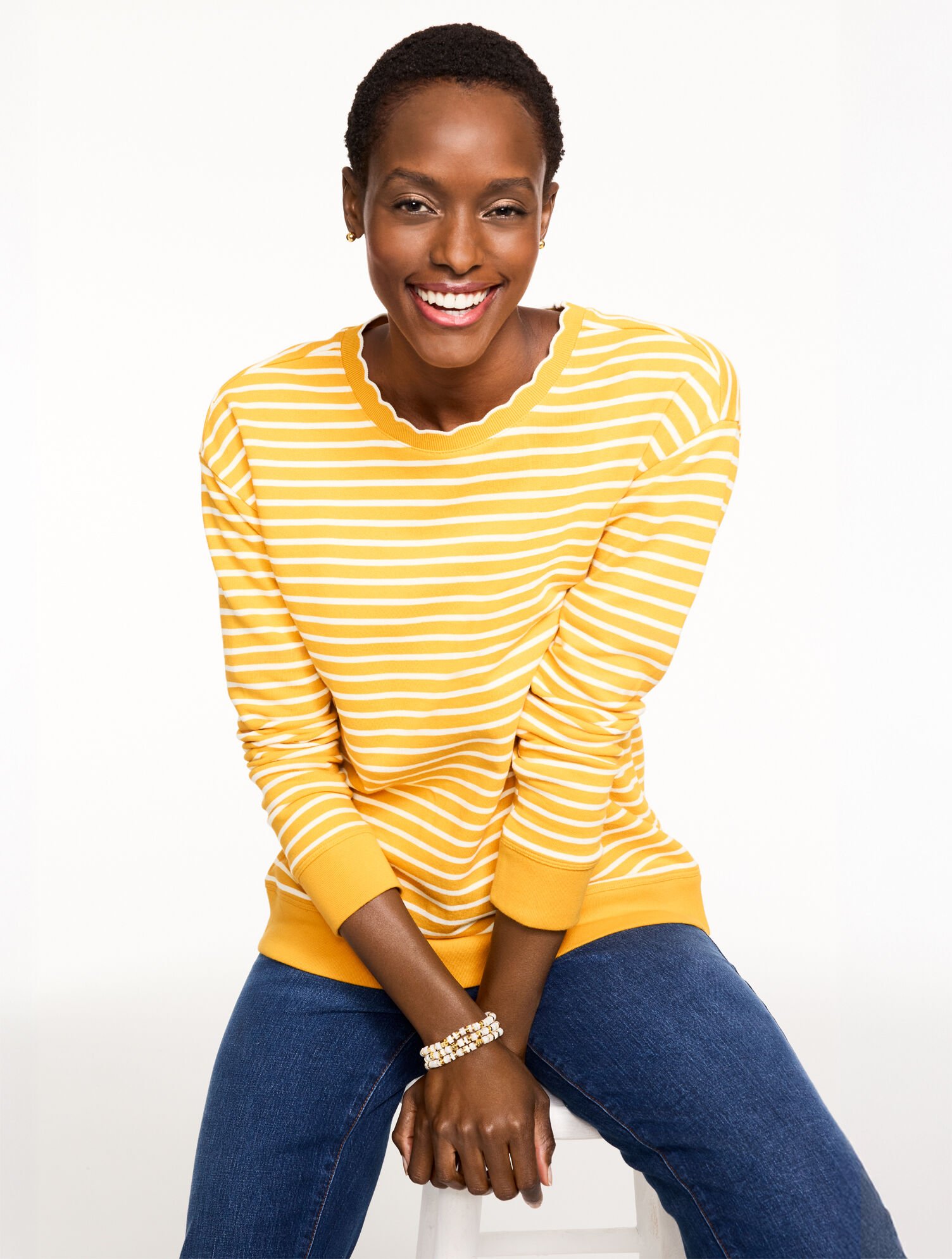 Scalloped Trim French Terry Sweatshirt Mayfair Stripe Talbots