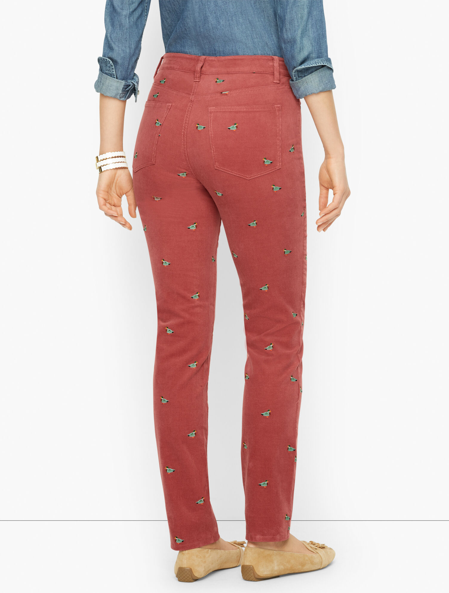 Stretch Corduroy Straight Leg Pants - Mallard Embroidered