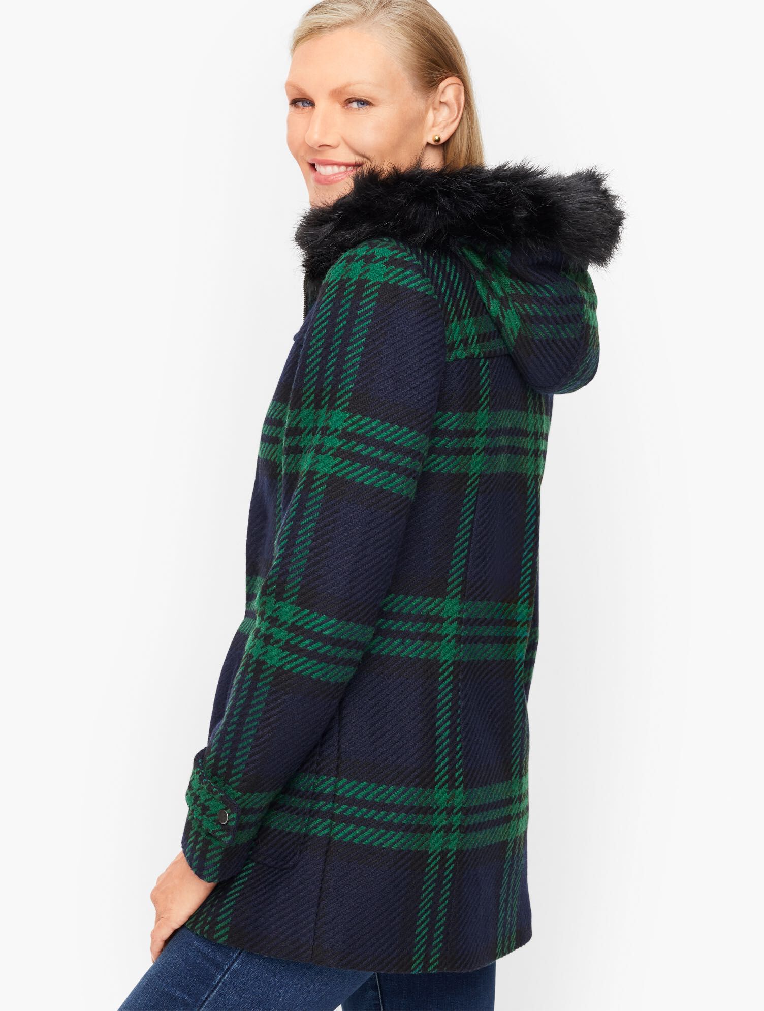 Faux Fur Lined Parka - Black Watch Plaid