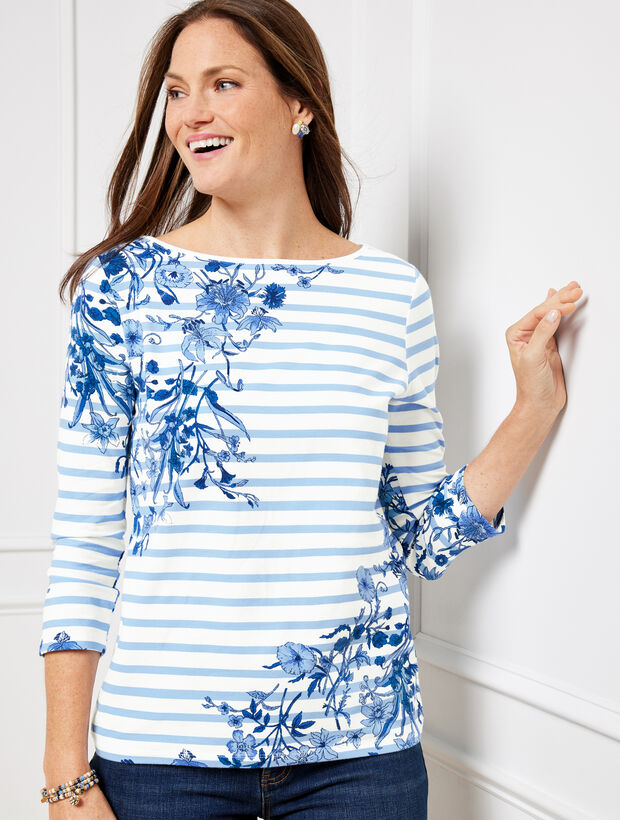 Bateau Neck Tee - Whimsical Garden Stripe