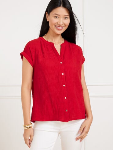 Band Collar Button Front Top
