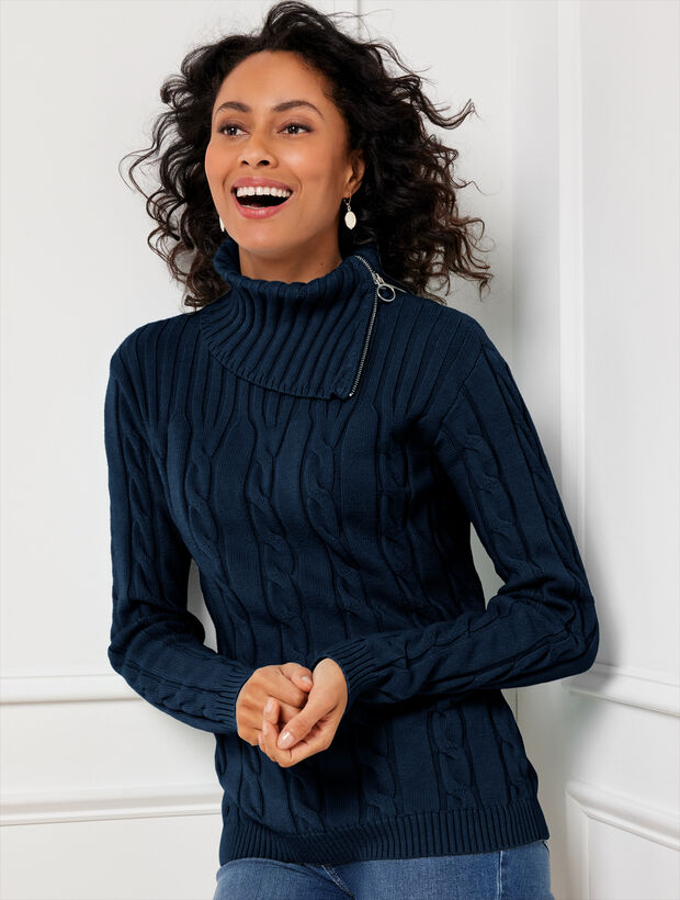 Cable Knit Zip Cowl-Neck Sweater | Talbots