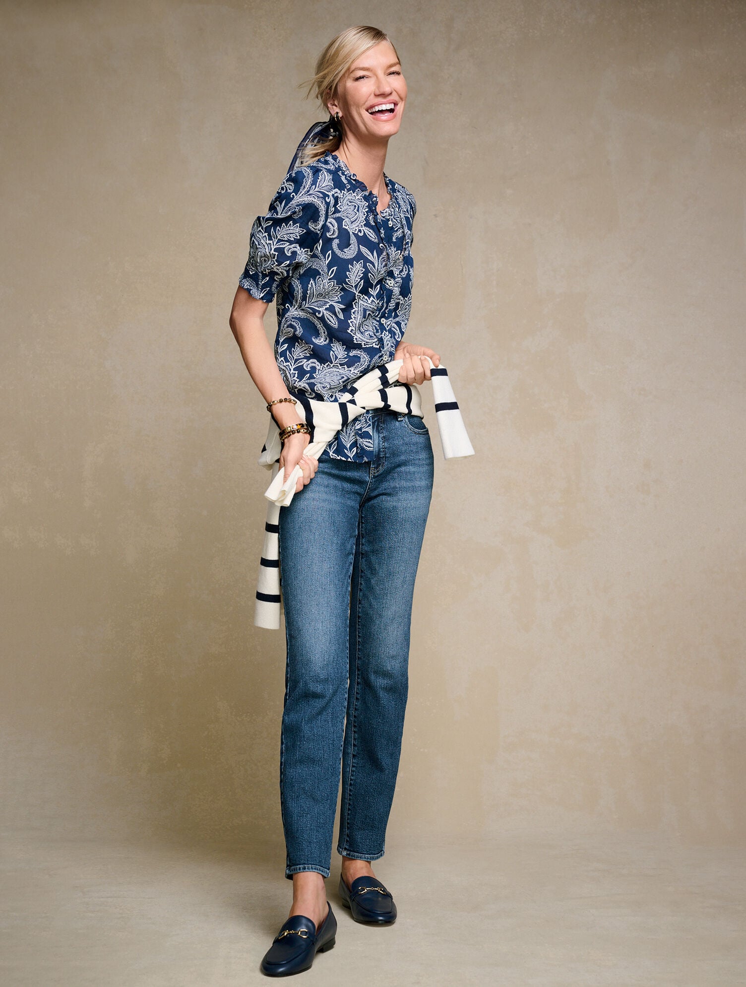 Ruffle Button Front Top - Lacey Jacobean