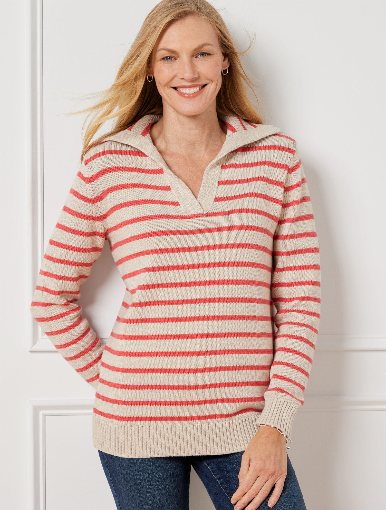 Plus Size - Brushed Cotton Johnny Collar Pullover Sweater - Simple Stripe - Oatmeal Heather/Terracotta - 1x Talbots