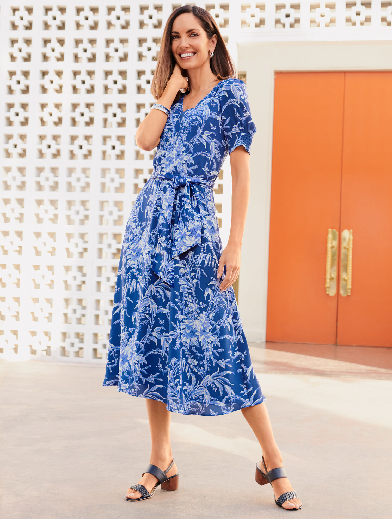 Etched Toile Belted Smocked Fit &amp; Flare Dress