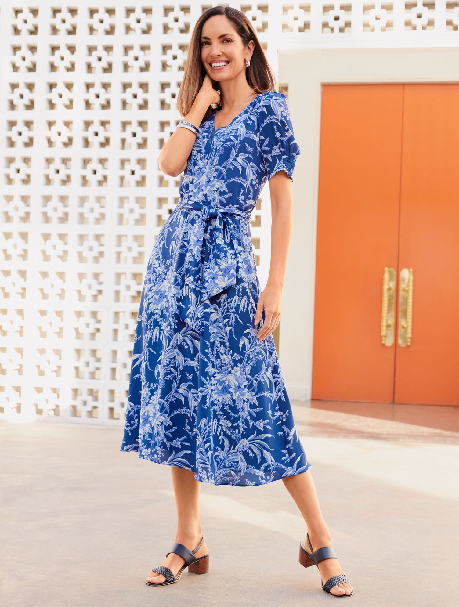Etched Toile Belted Smocked Fit & Flare Dress | Talbots