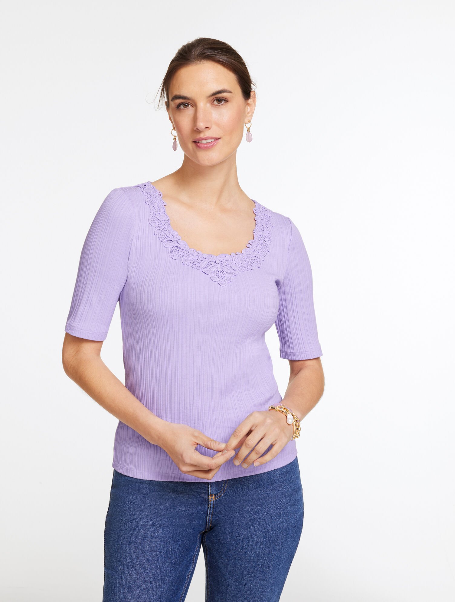Lace Trim V-Neck Ribbed Top