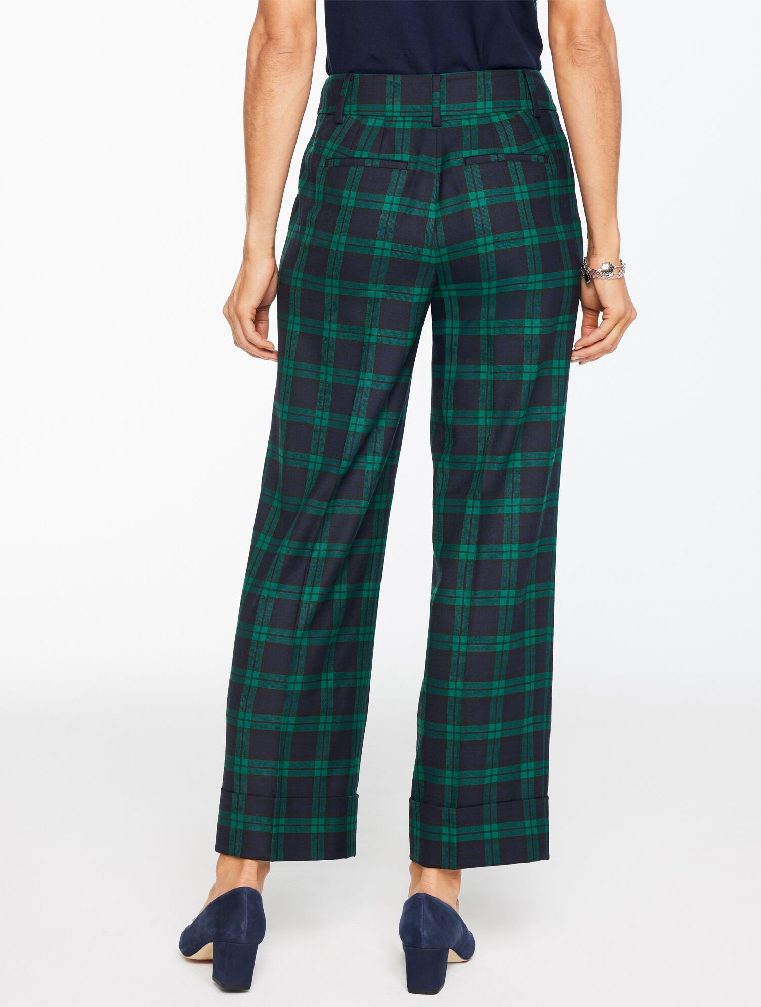 Straight Ankle Cuff Pants - Black Watch Plaid