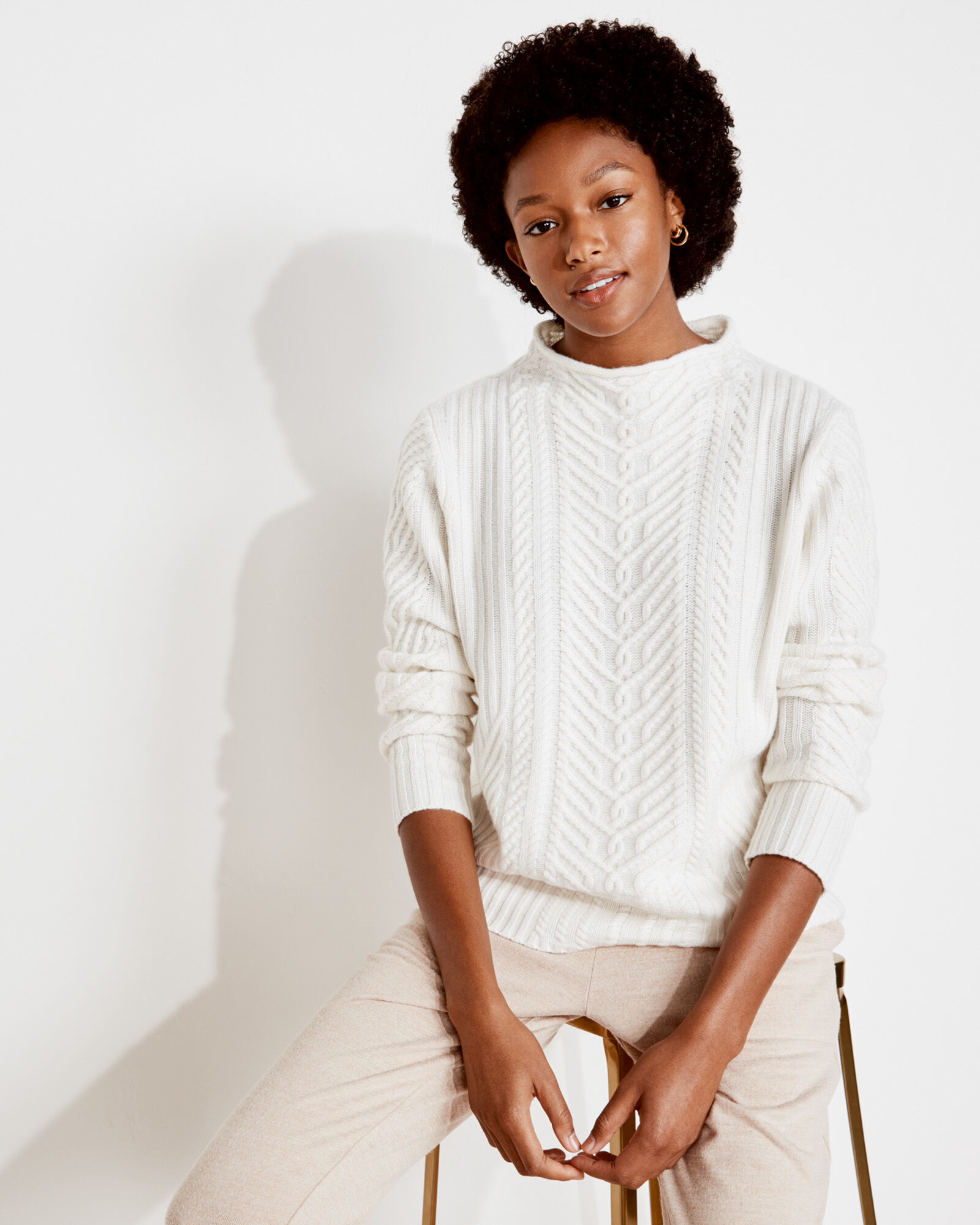 Pure Cashmere Cable Knit Roll Neck Sweater