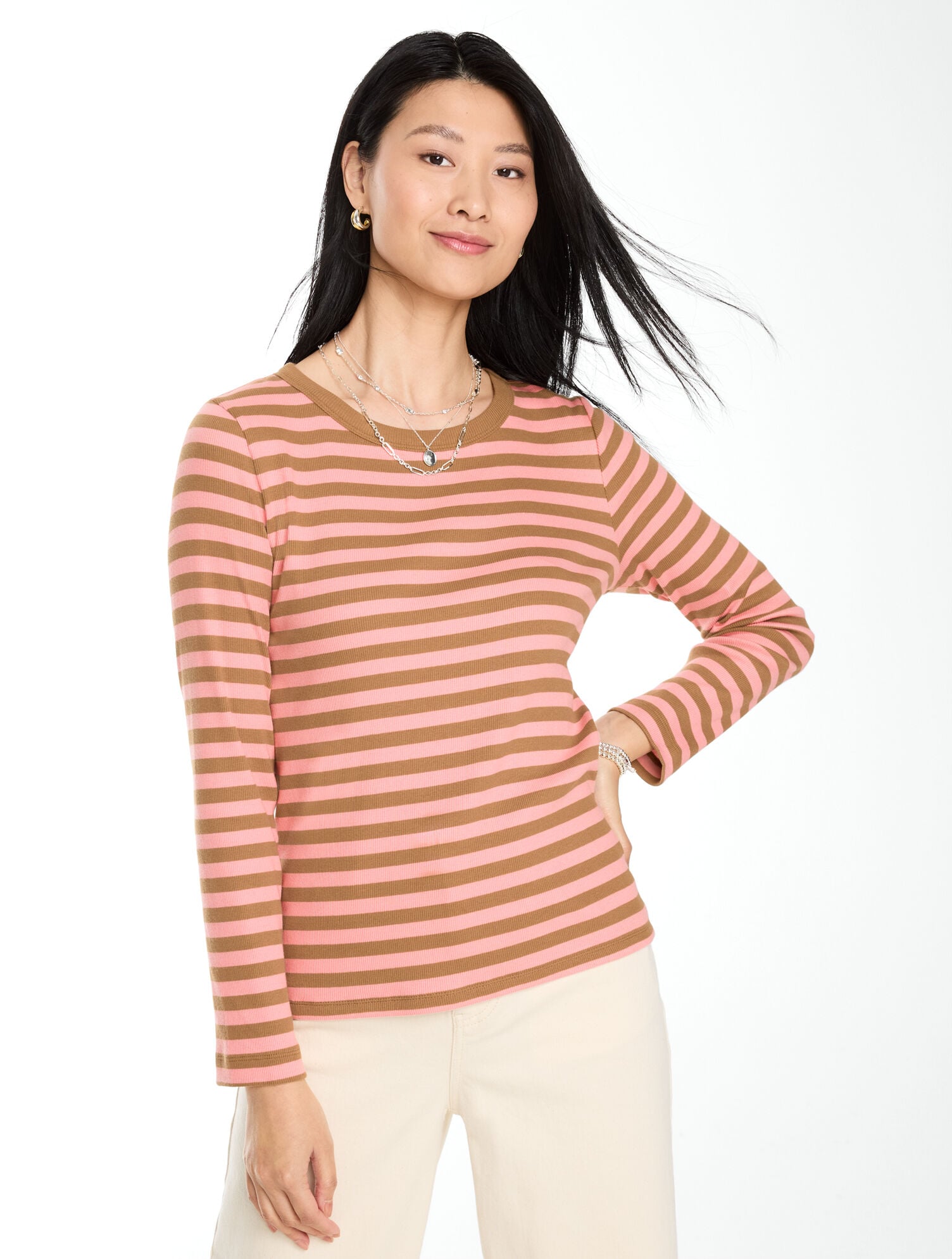 Ribbed Long Sleeve Crewneck Tee - Talia Stripe