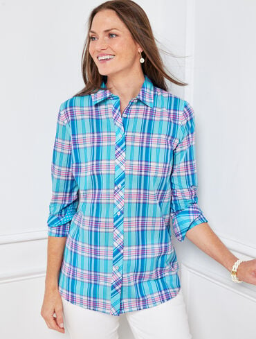 Cotton Button Front Shirt - Boothbay Plaid