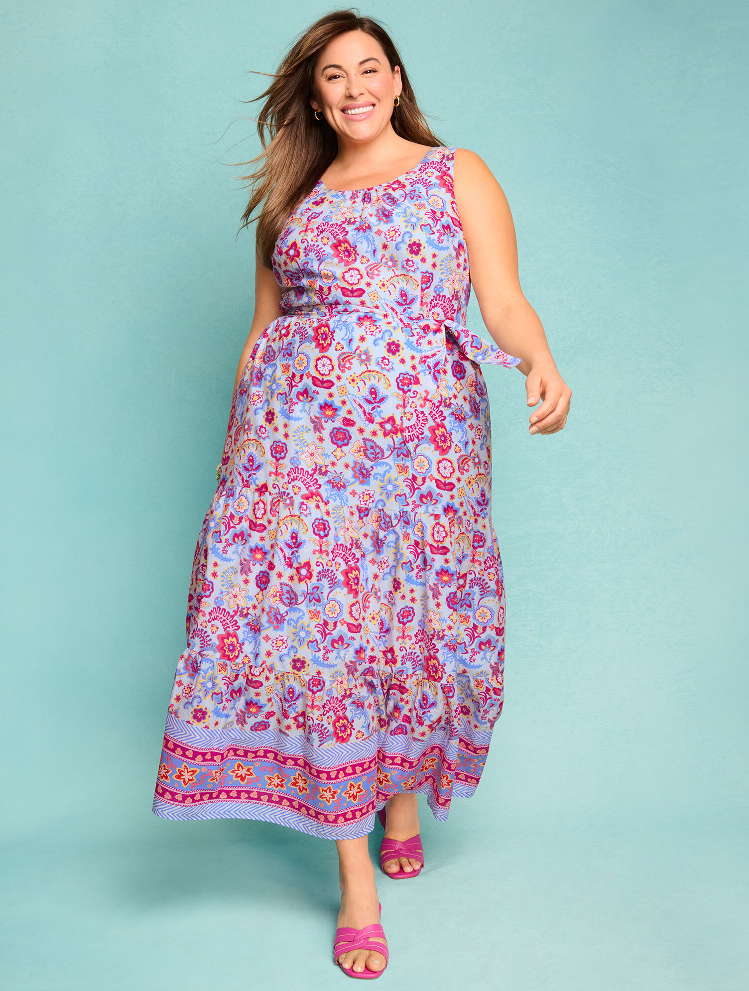 Charming Floral Belted Voile Maxi Dress
