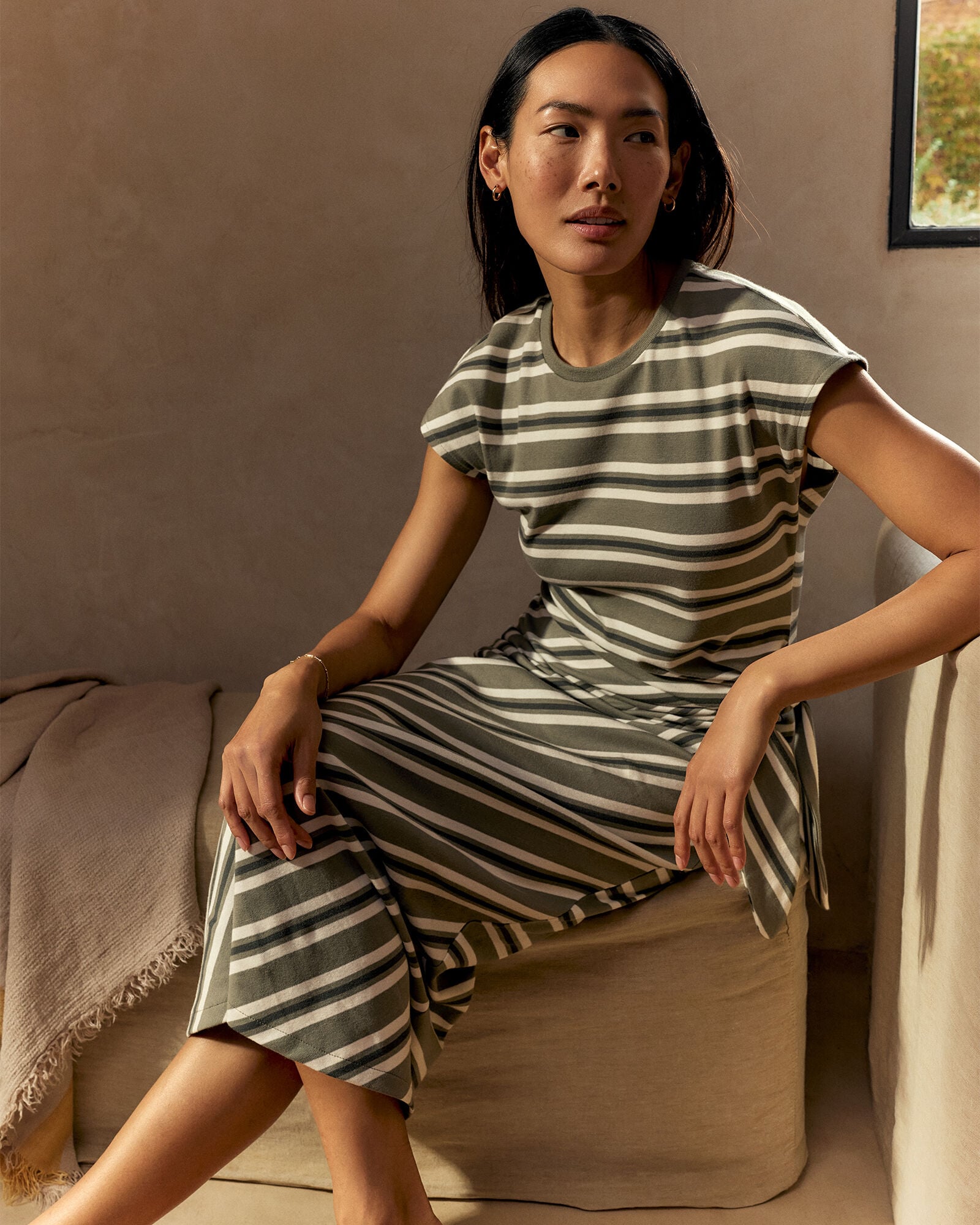 Organic Cotton Interlock Stripe Midi Knot Dress