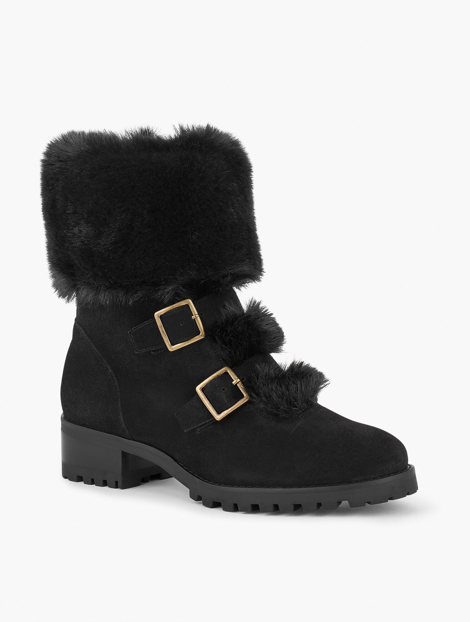 Tish Buckle Faux Fur Trim Suede Ankle Boots
