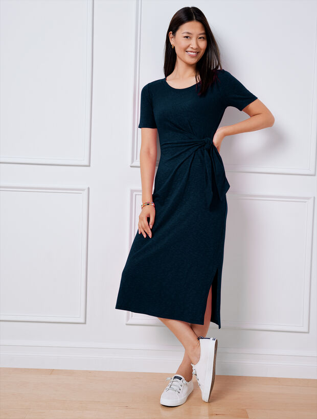 knee length dresses for ladies Square Neck Belted Midi Dress main image 1