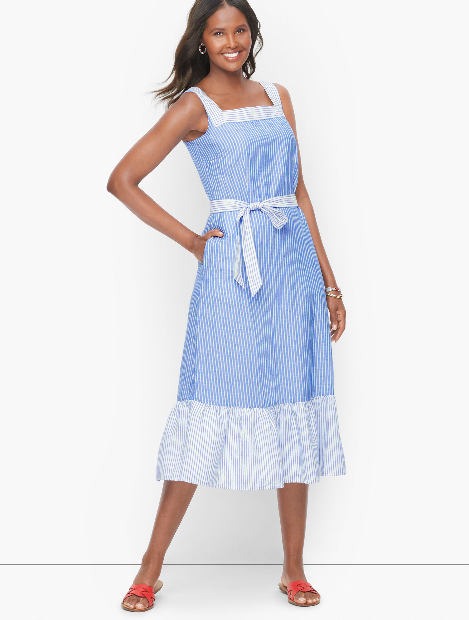 Stripe Tie Waist Linen Midi Dress
