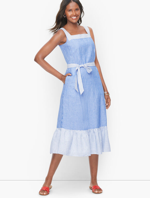 Stripe Tie Waist Linen Midi Dress