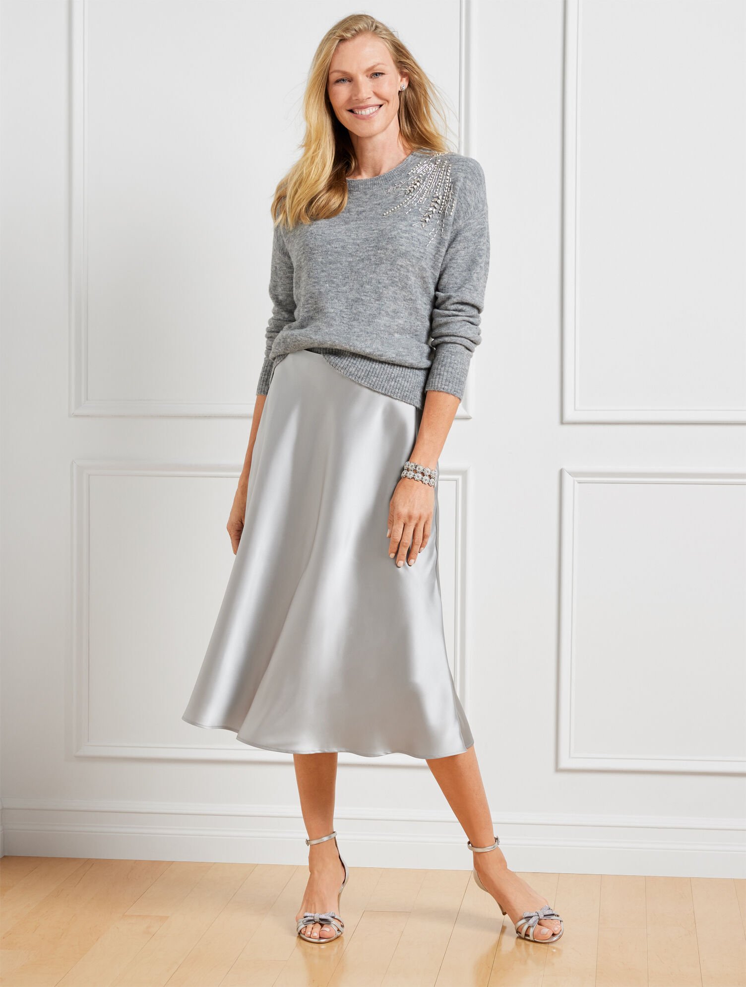 Sweater Grey Silk Midi Skirt Ivory Silk Skirt Sweater Outfit