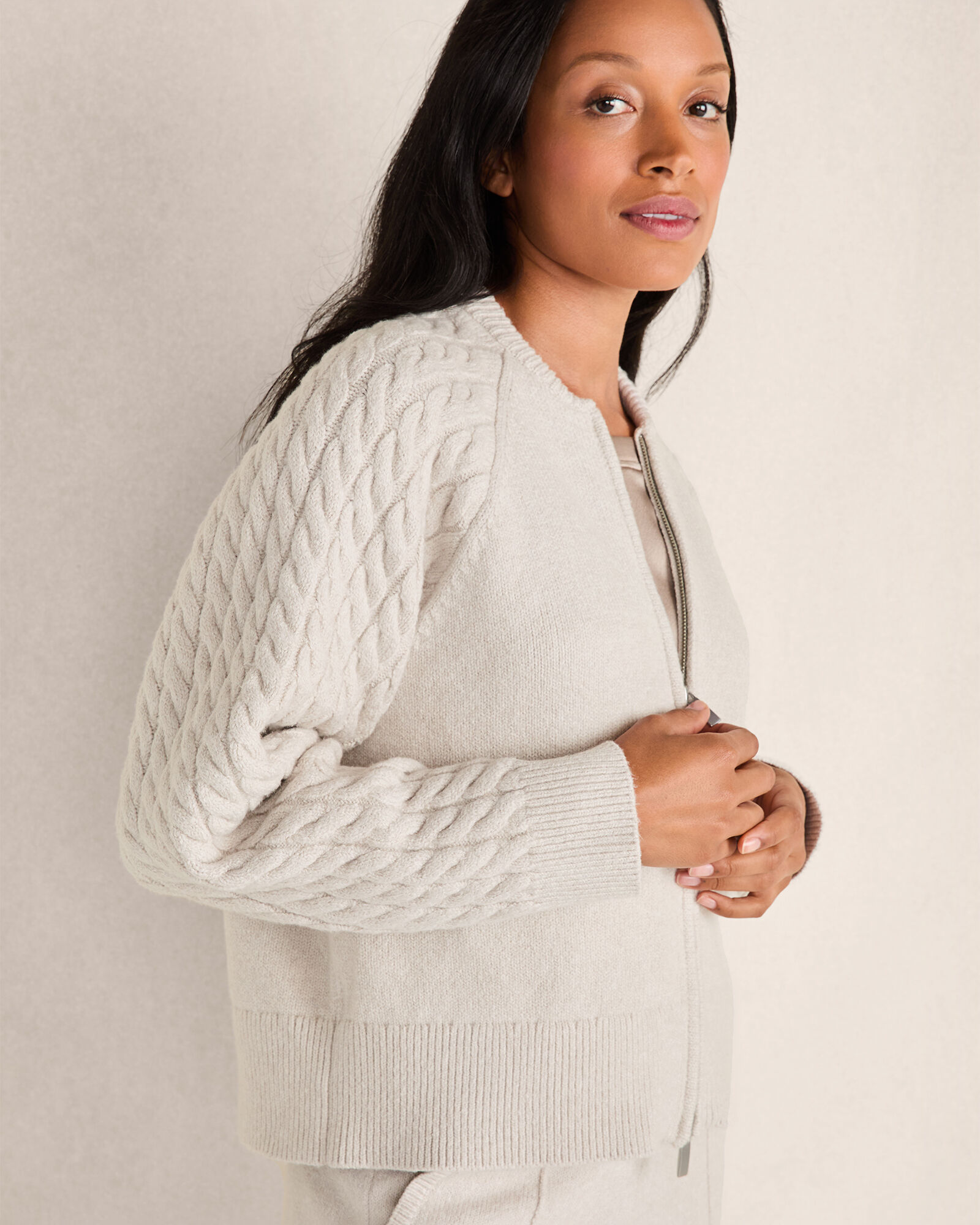 Organic Cotton Cable-Sleeve Zip-Up Cardigan | Haven Well Within