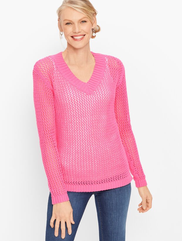 Open Weave V-Neck Sweater - Solid