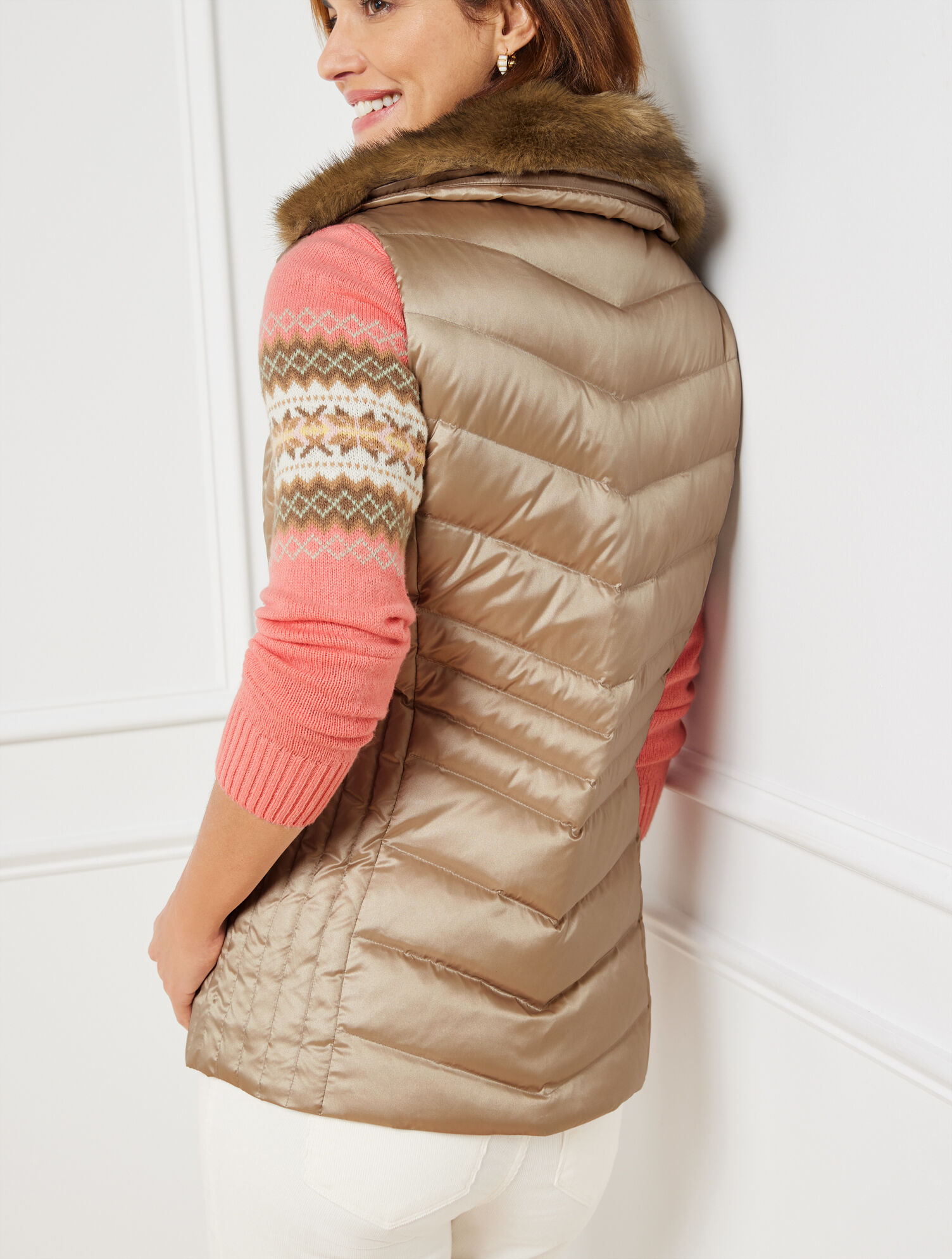 Faux Fur Collar Metallic Down Puffer Vest