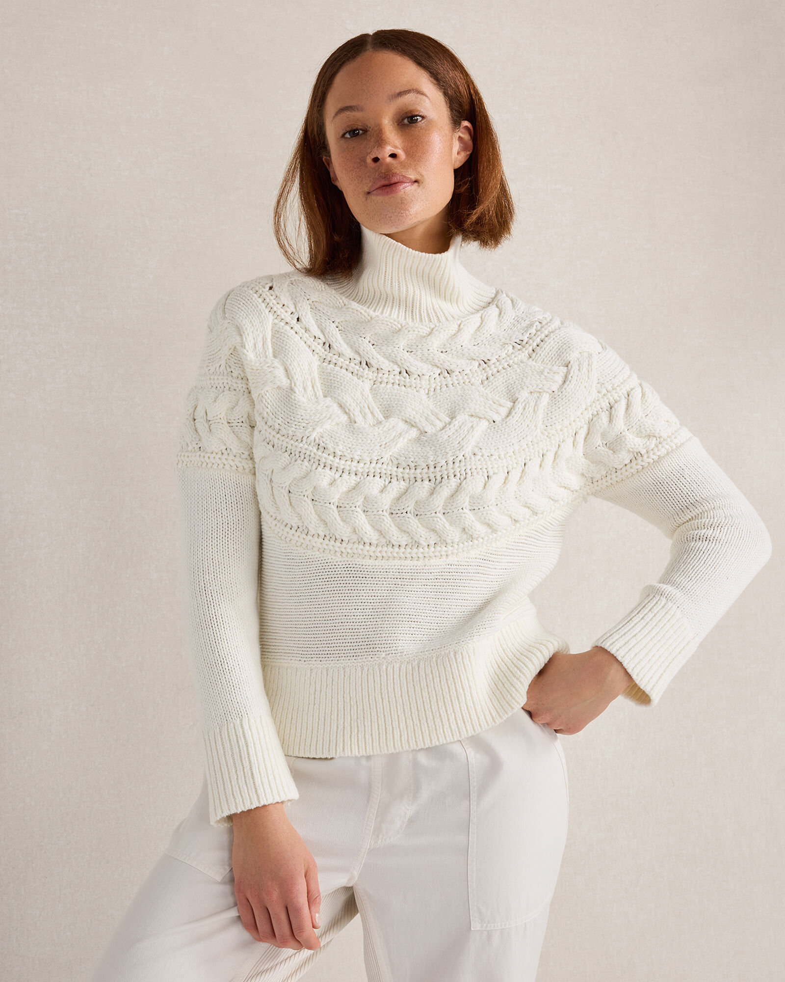 Cotton Blend Cable Mockneck Sweater