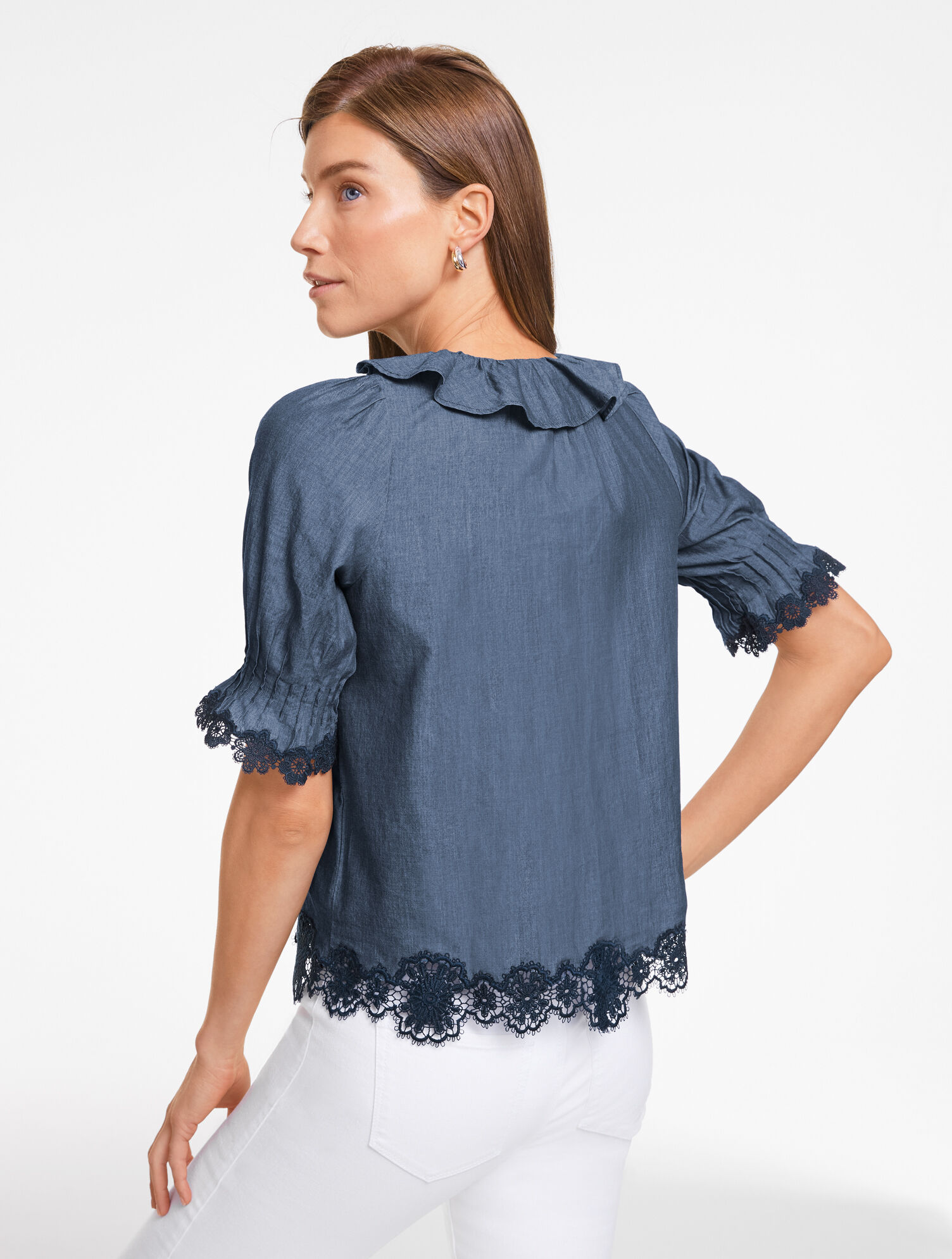 Embroidered Ruffle Denim Top - Regent Blue Wash
