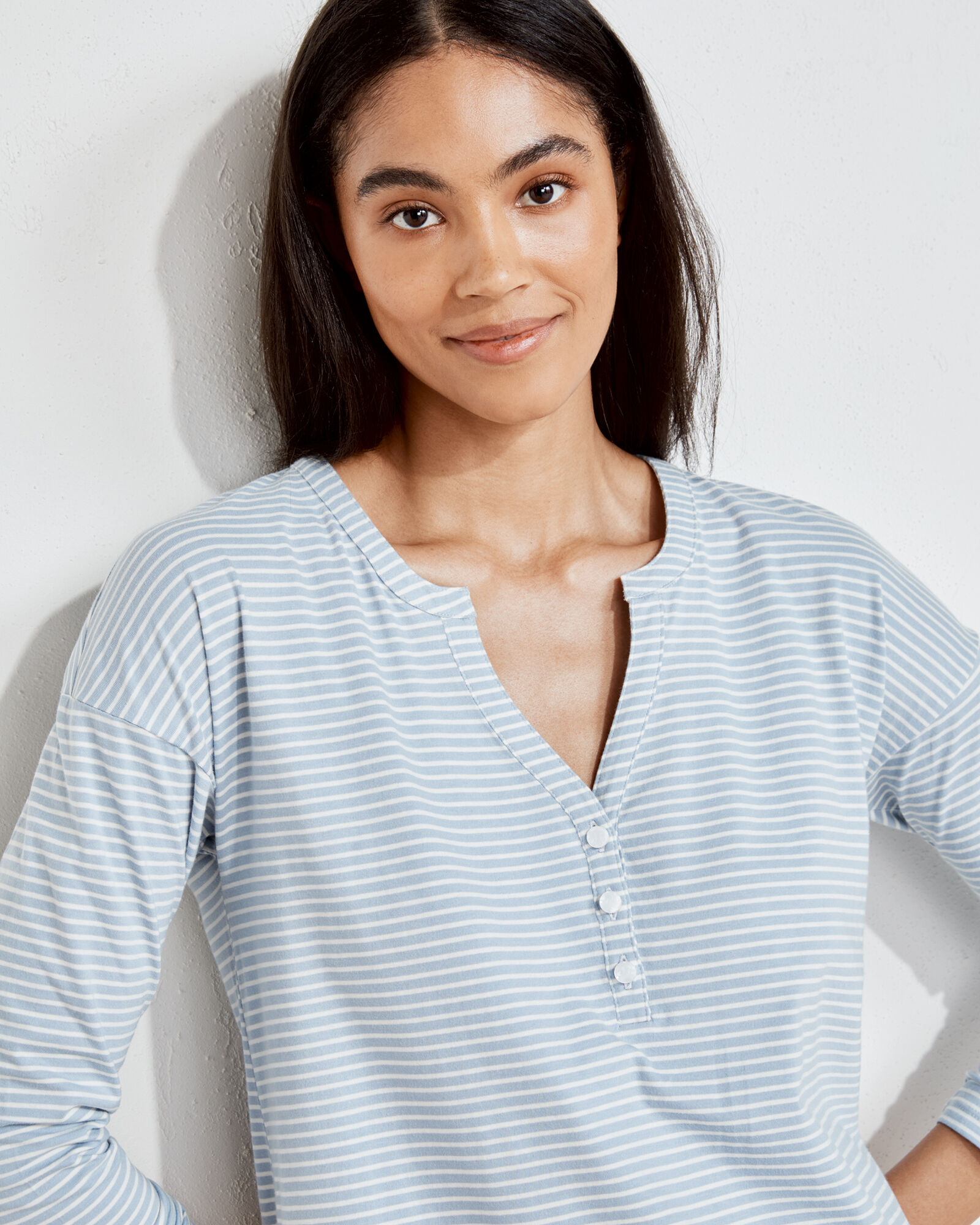 Organic Cotton Jersey Striped Henley Sleep Dress
