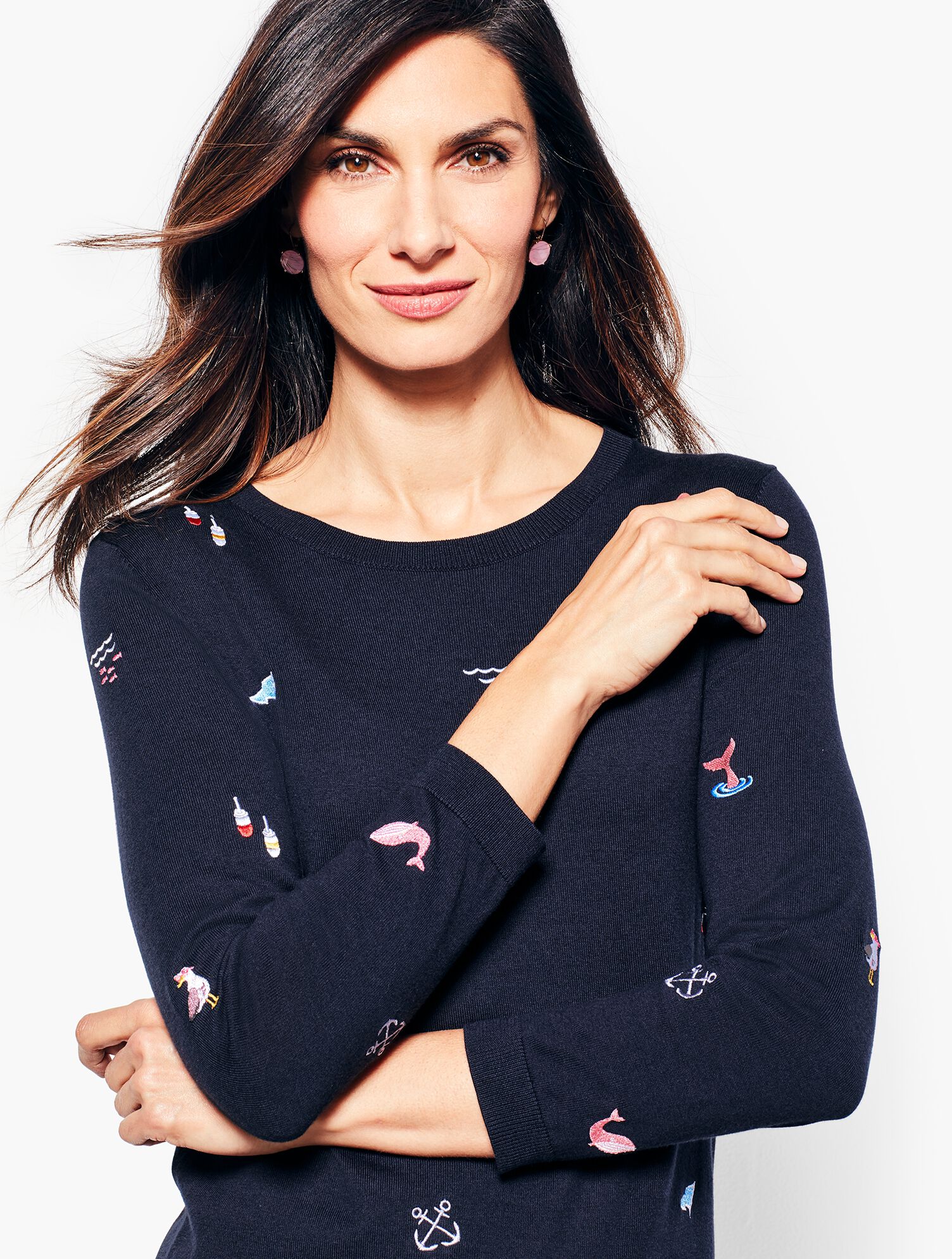 Three-Quarter-Sleeve Nautical Embroidered Sweater