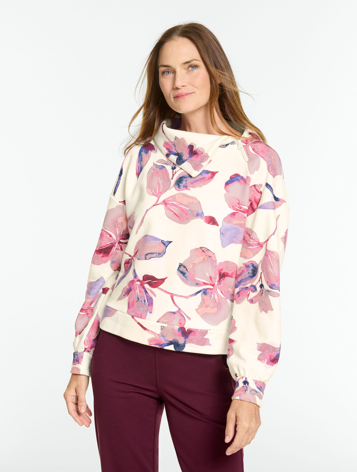 Cozy Fleece Asymmetrical Zip Pullover - Brushed Floral
