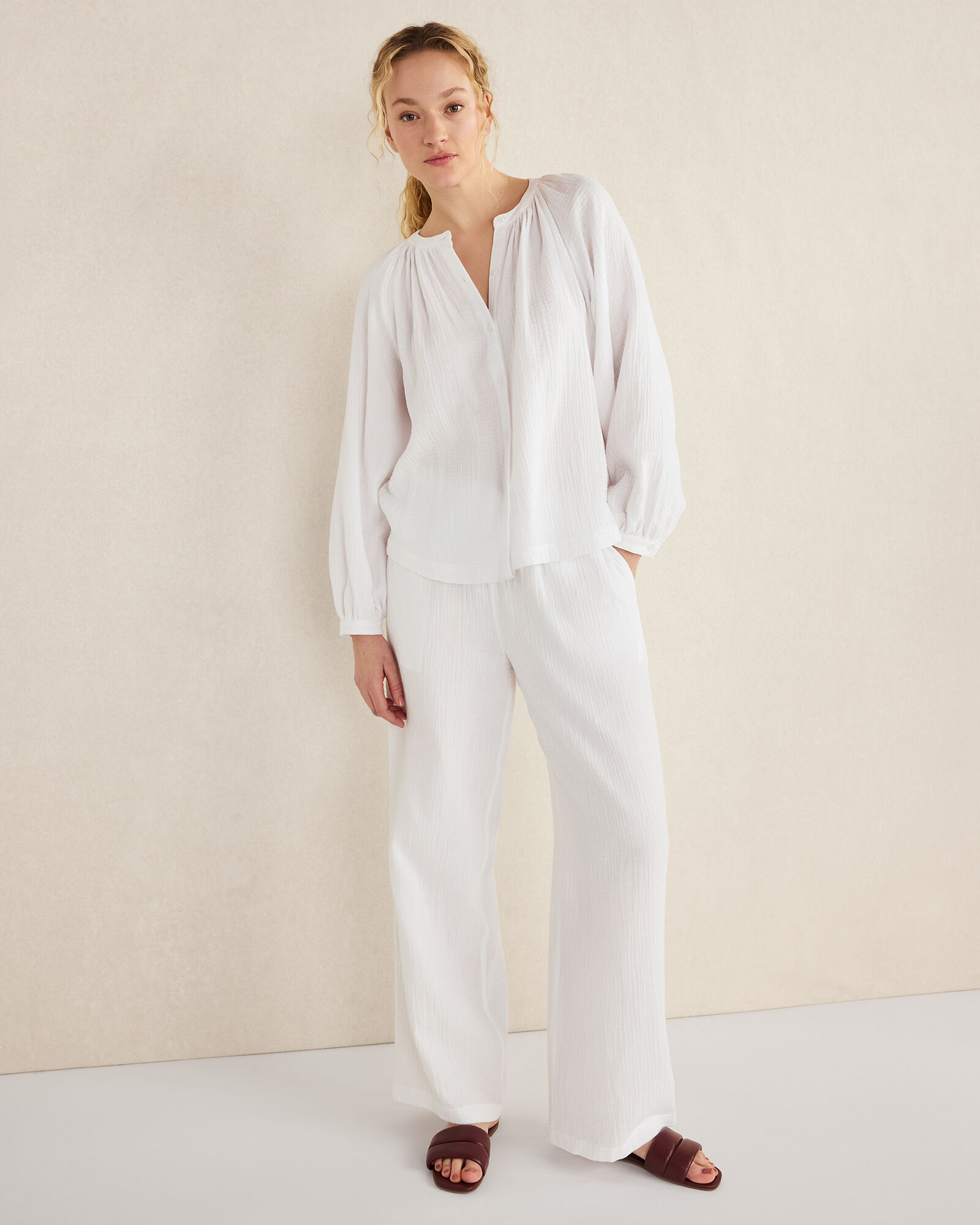 MABLE Gauze Long Sleeve Button Crop Top and Short Set