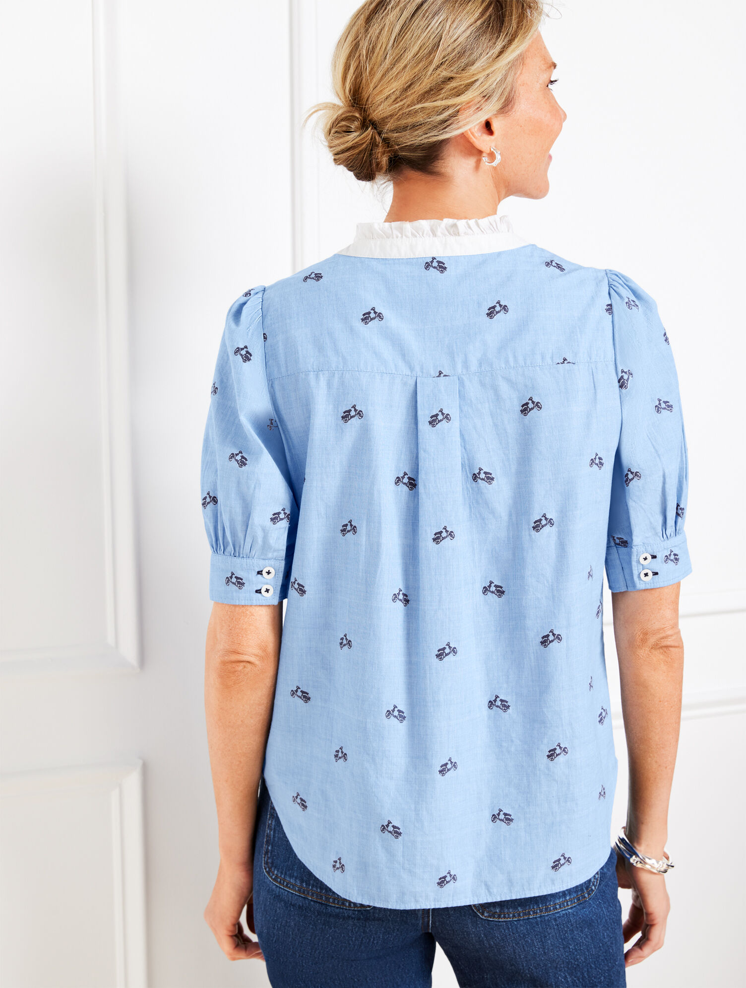 Talbots Ruffle Top Ruffle Neck Top - Embroidered Vespa | Talbots