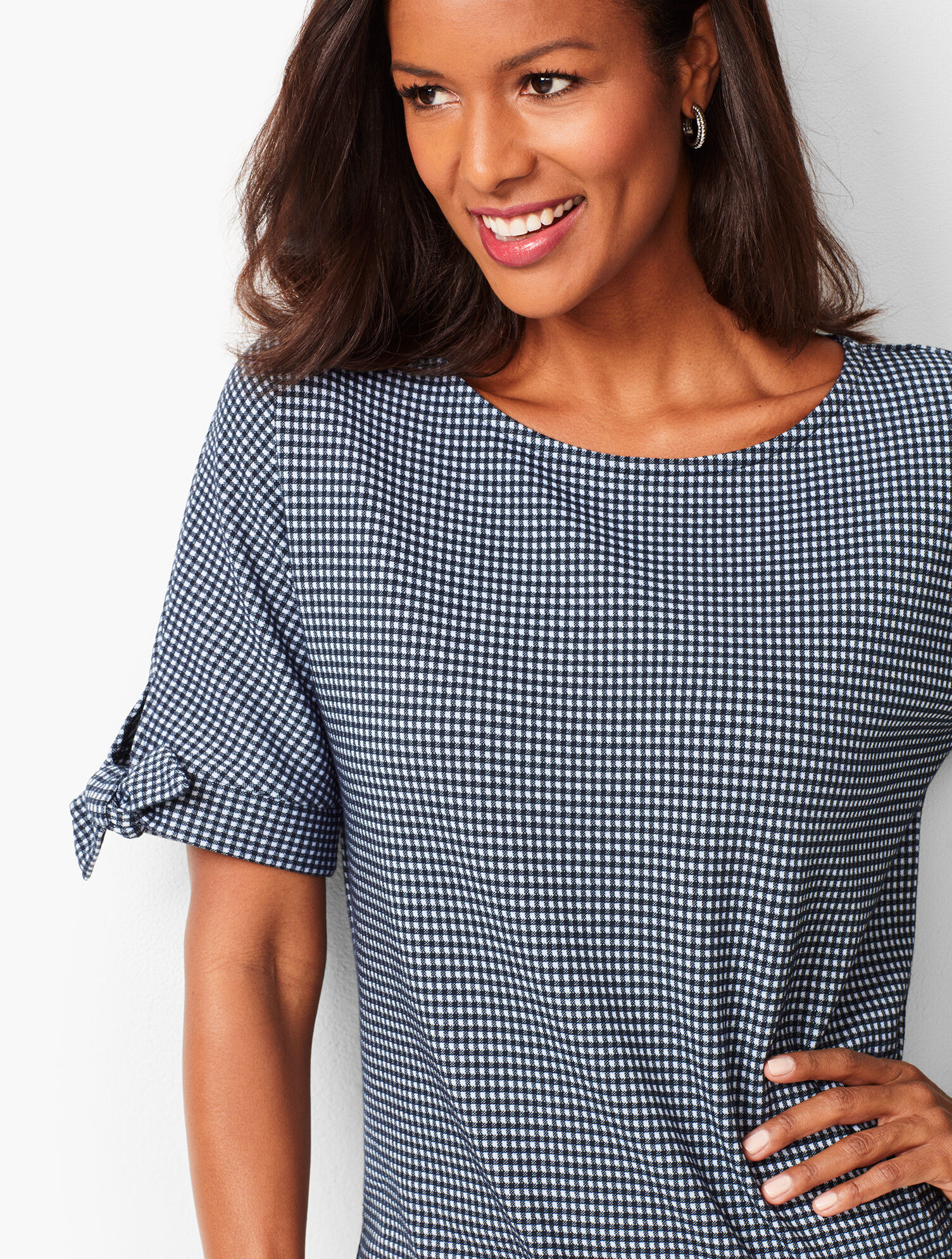 Jacquard Gingham Tie-Cuff Top