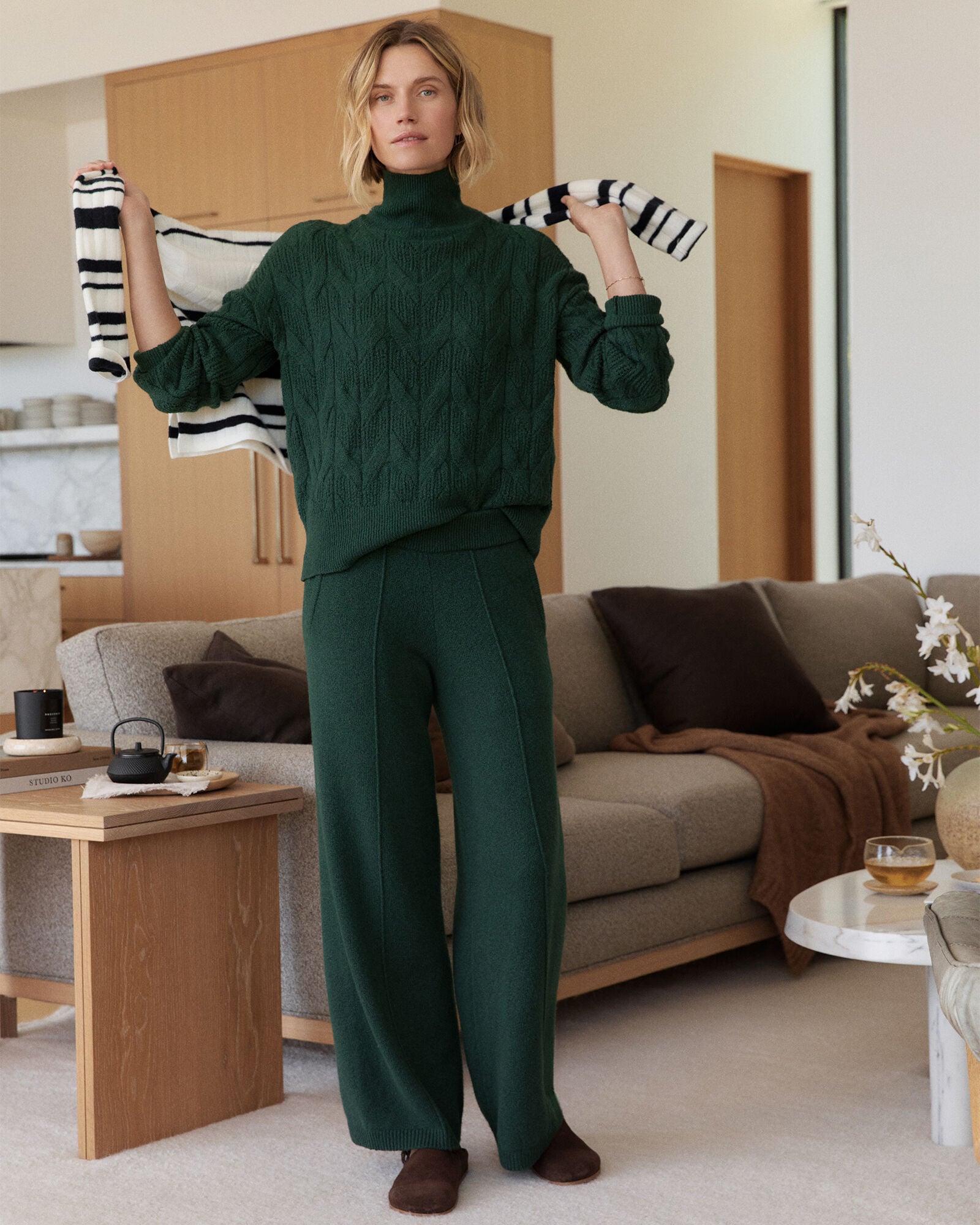 Organic Cotton Blend Cable Knit Mockneck Sweater