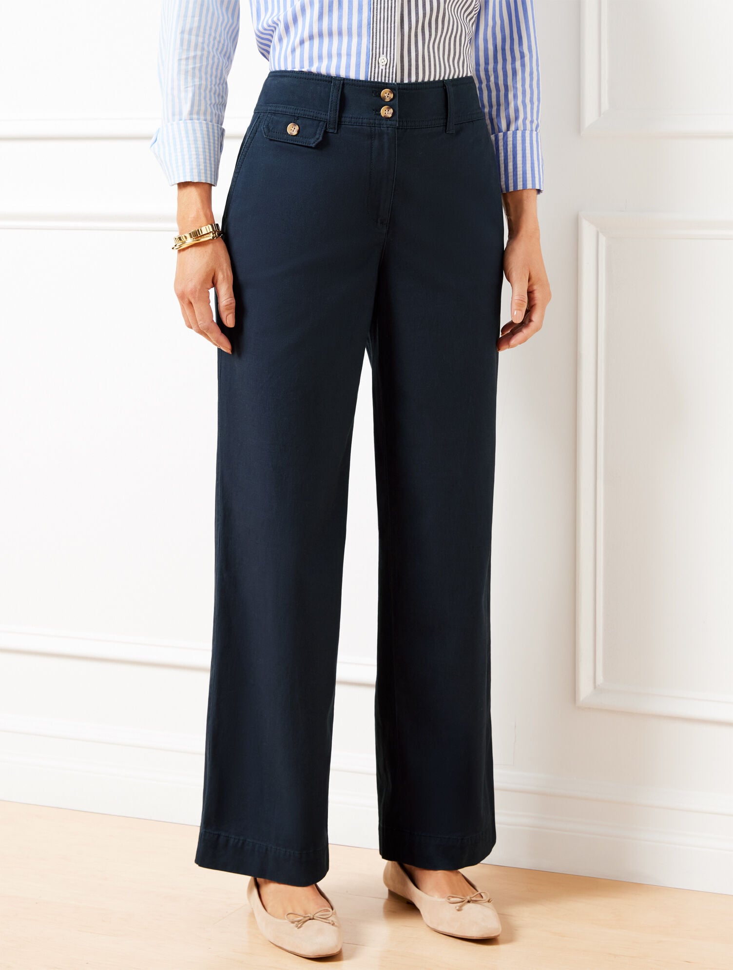 Cotton Twill Wide-Leg Pants with Metal Rivet Button