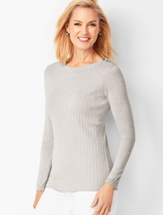 Button-Shoulder Crewneck Sweater