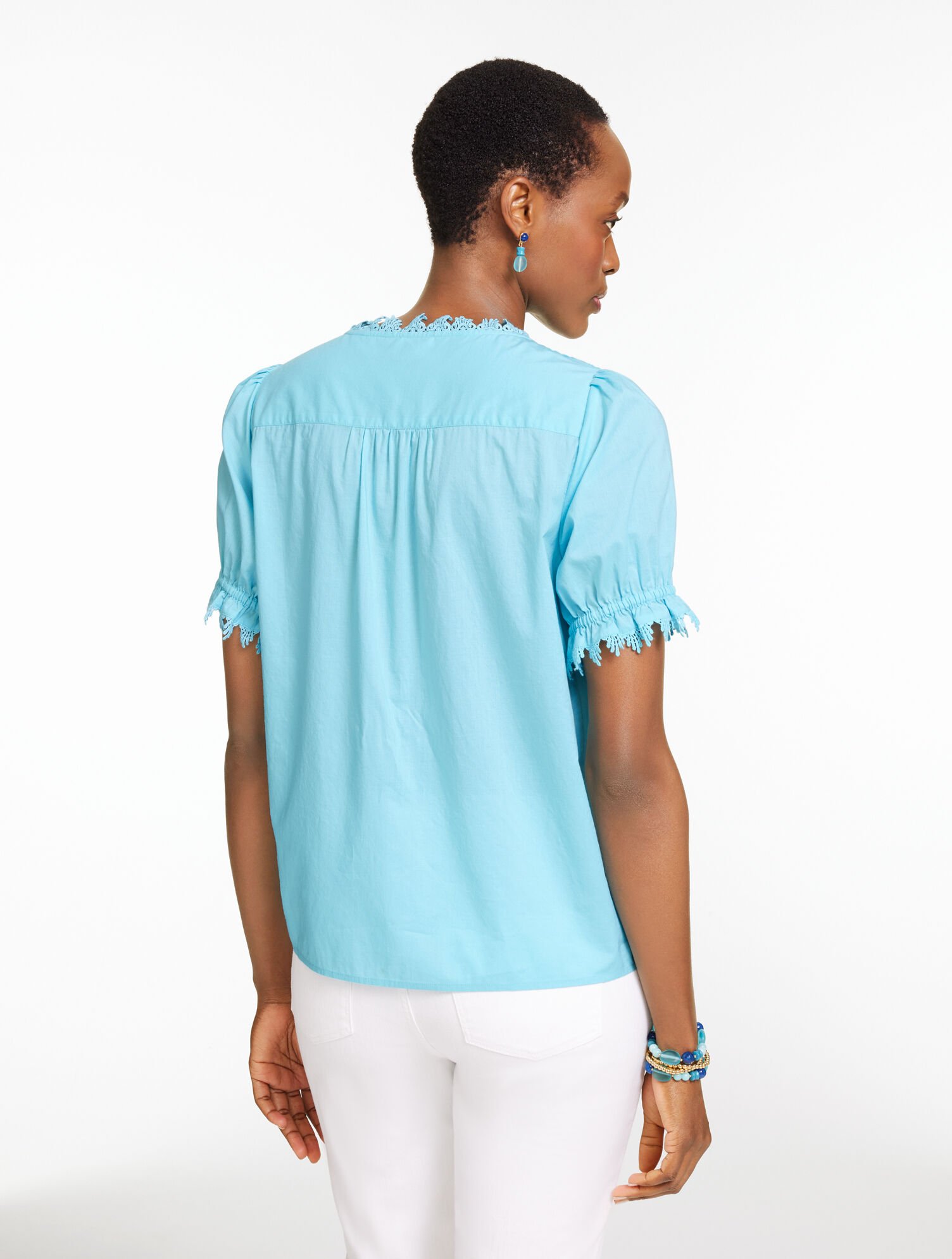 Lace Trim Button Front Voile Top - Opal Blue