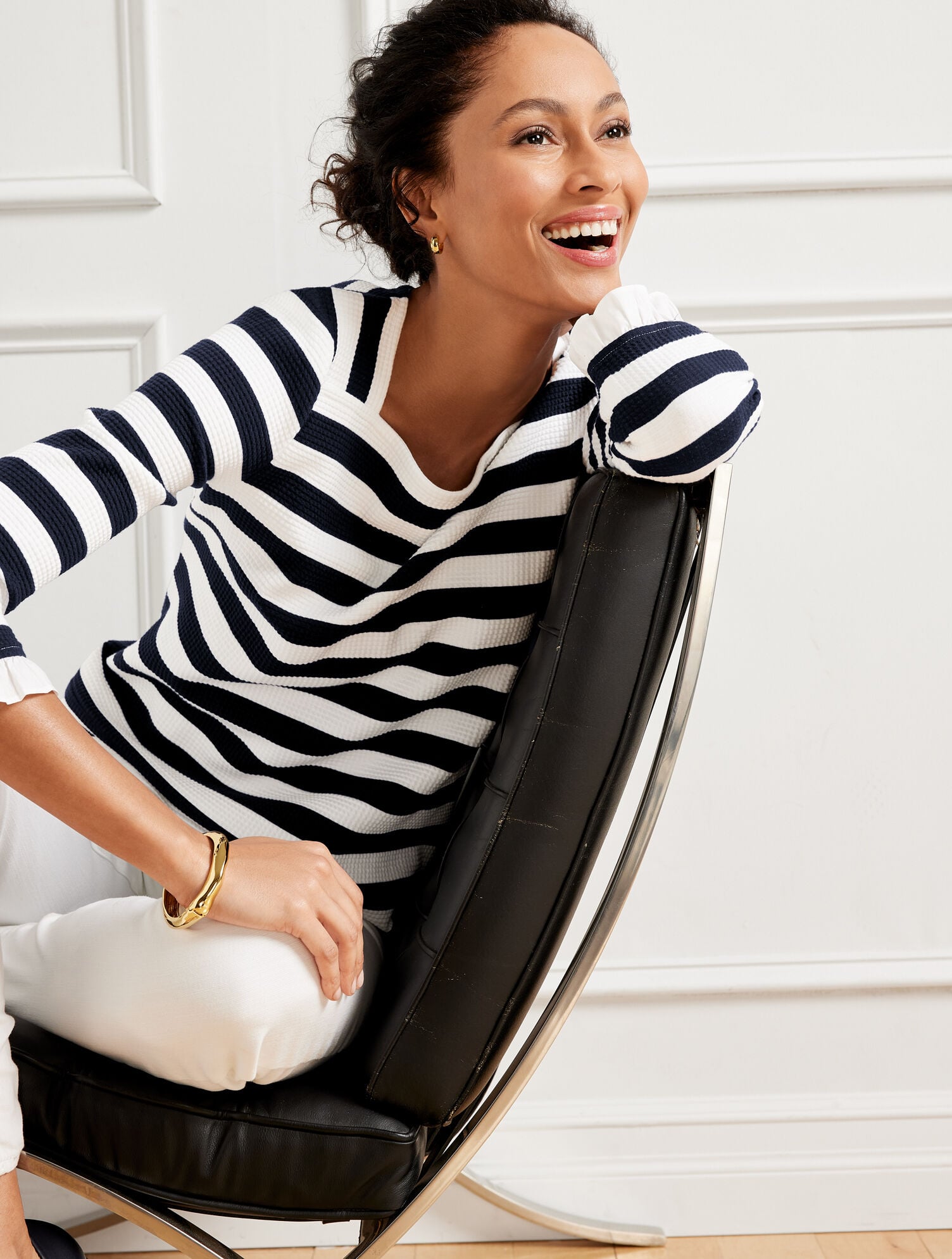 Talbots Blue Ruffled Tees Ruffle Cuff Square Neck Tee - Stripe | Talbots