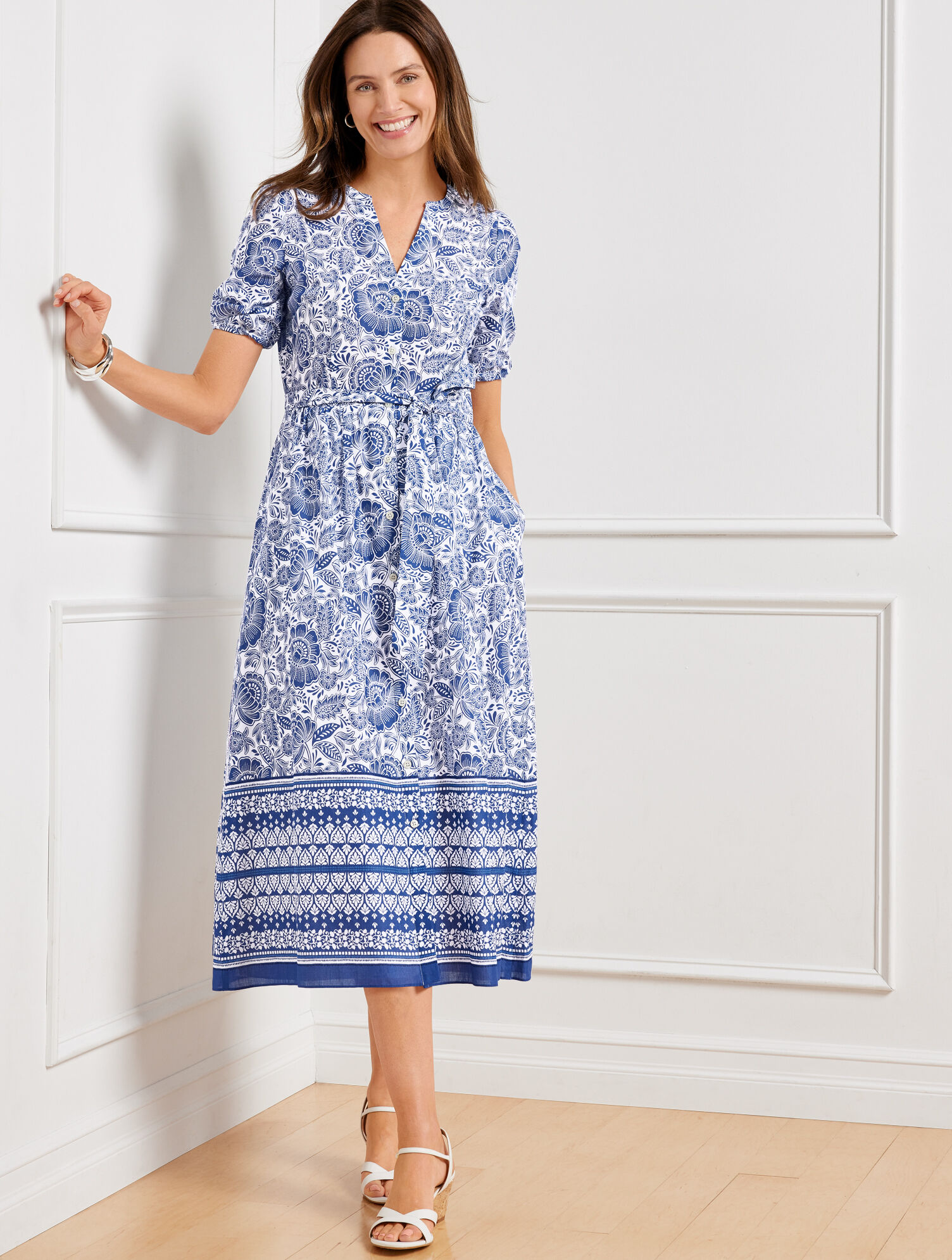 Puff Sleeve Fit &amp; Flare Dress - Woodblock Floral