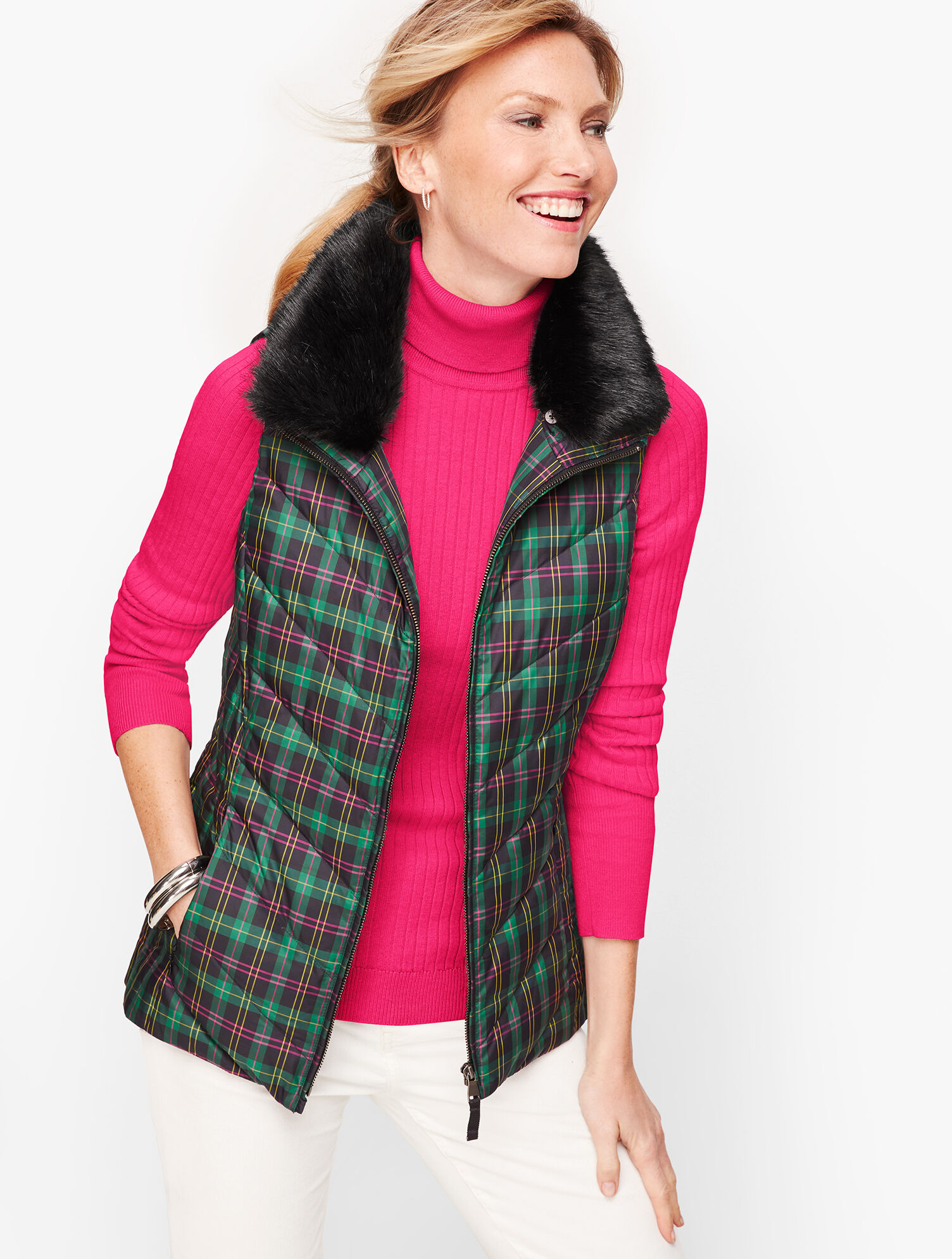 Down Faux Fur Collar Puffer Vest - Talbots Tartan | Talbots
