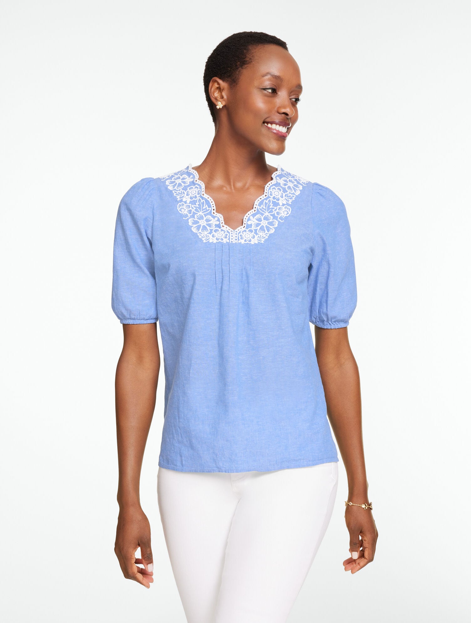 Embroidered Short Sleeve Linen Top - Floral