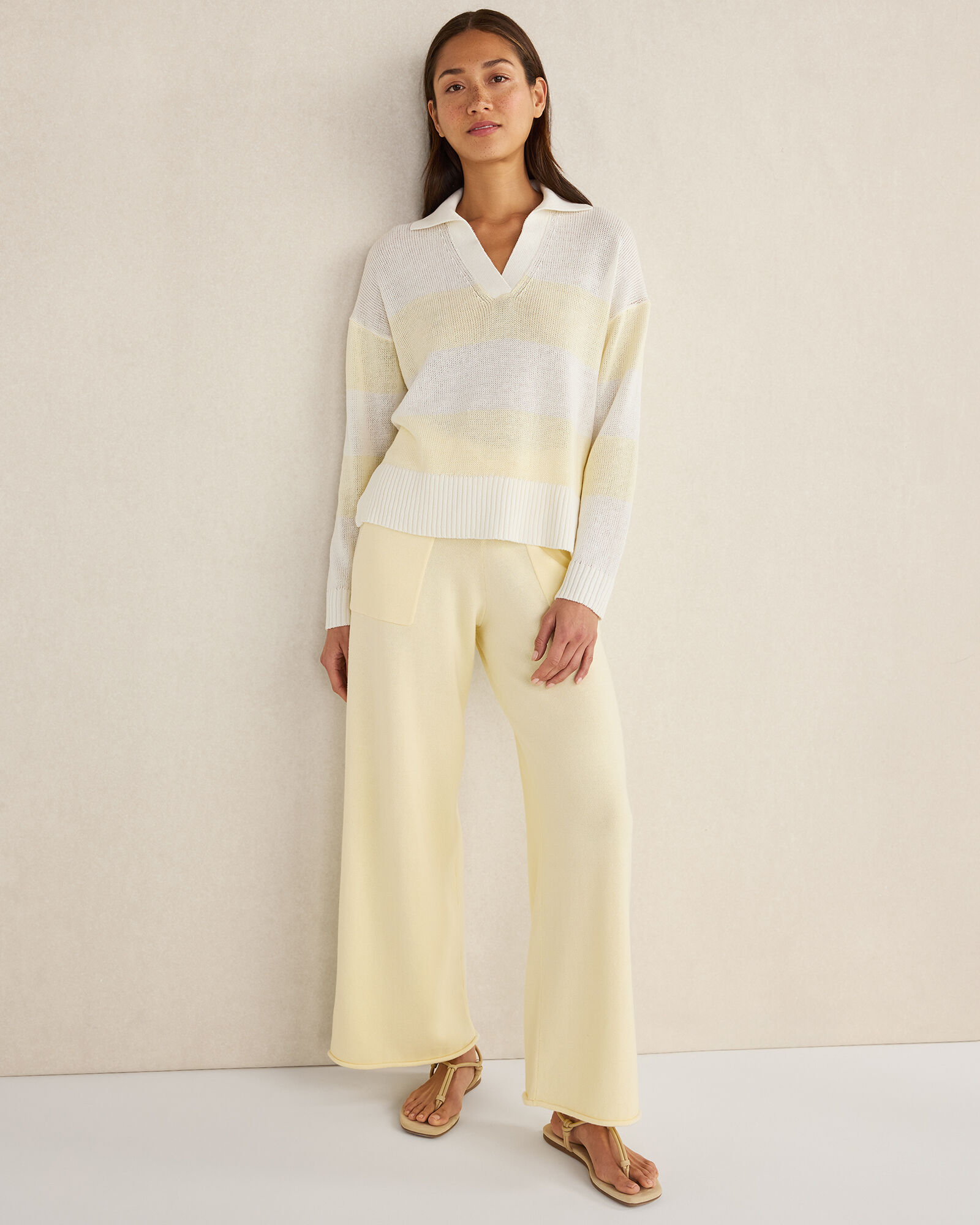 Organic Cotton Linen Stripe Johnny Collar Sweater