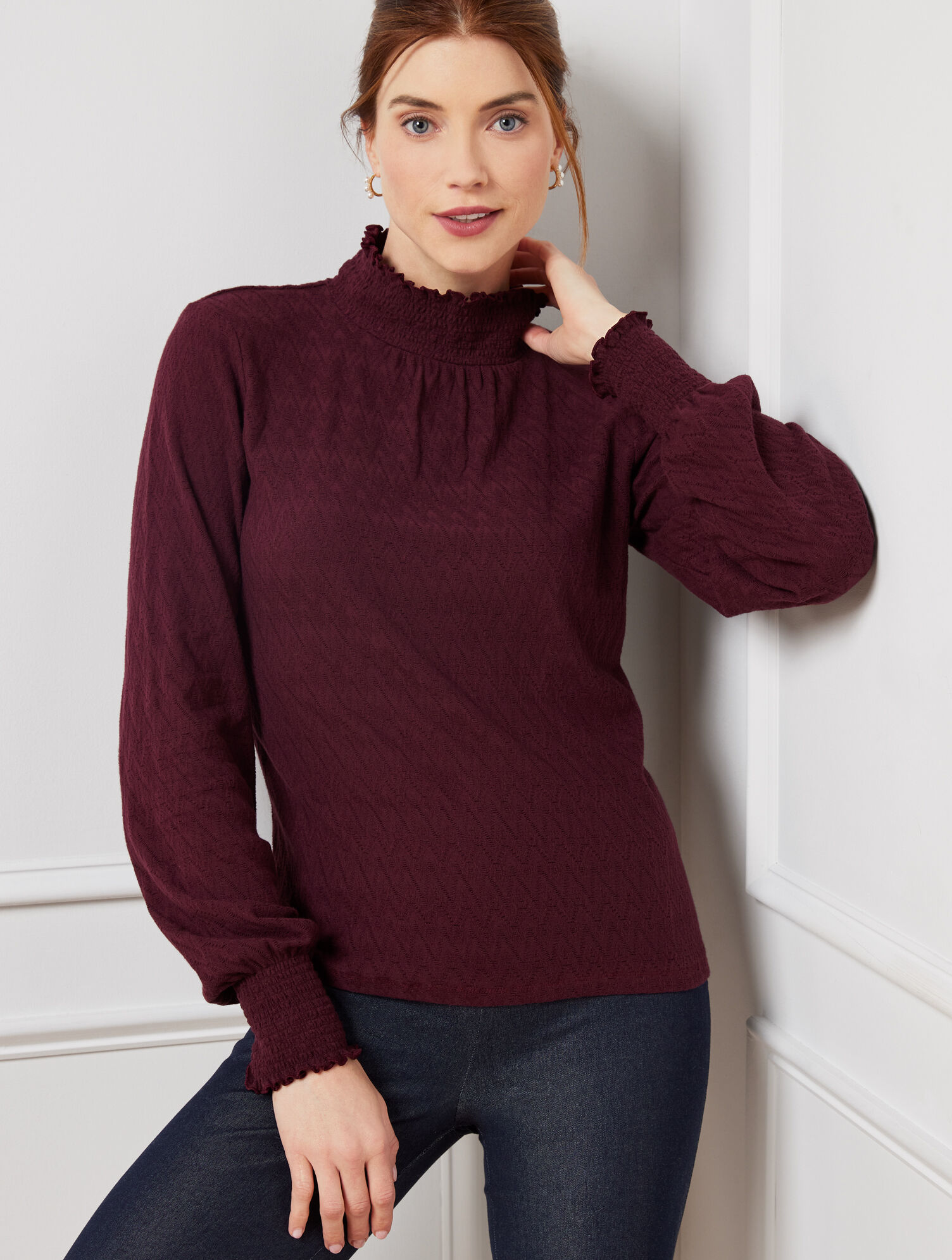 Jacquard Smocked Neck Knit Blouse
