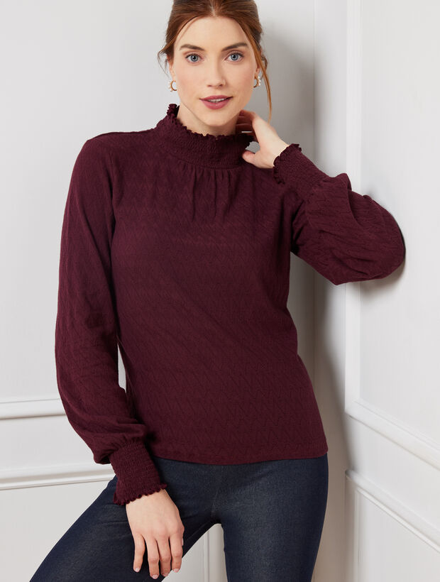Jacquard Smocked Neck Knit Blouse