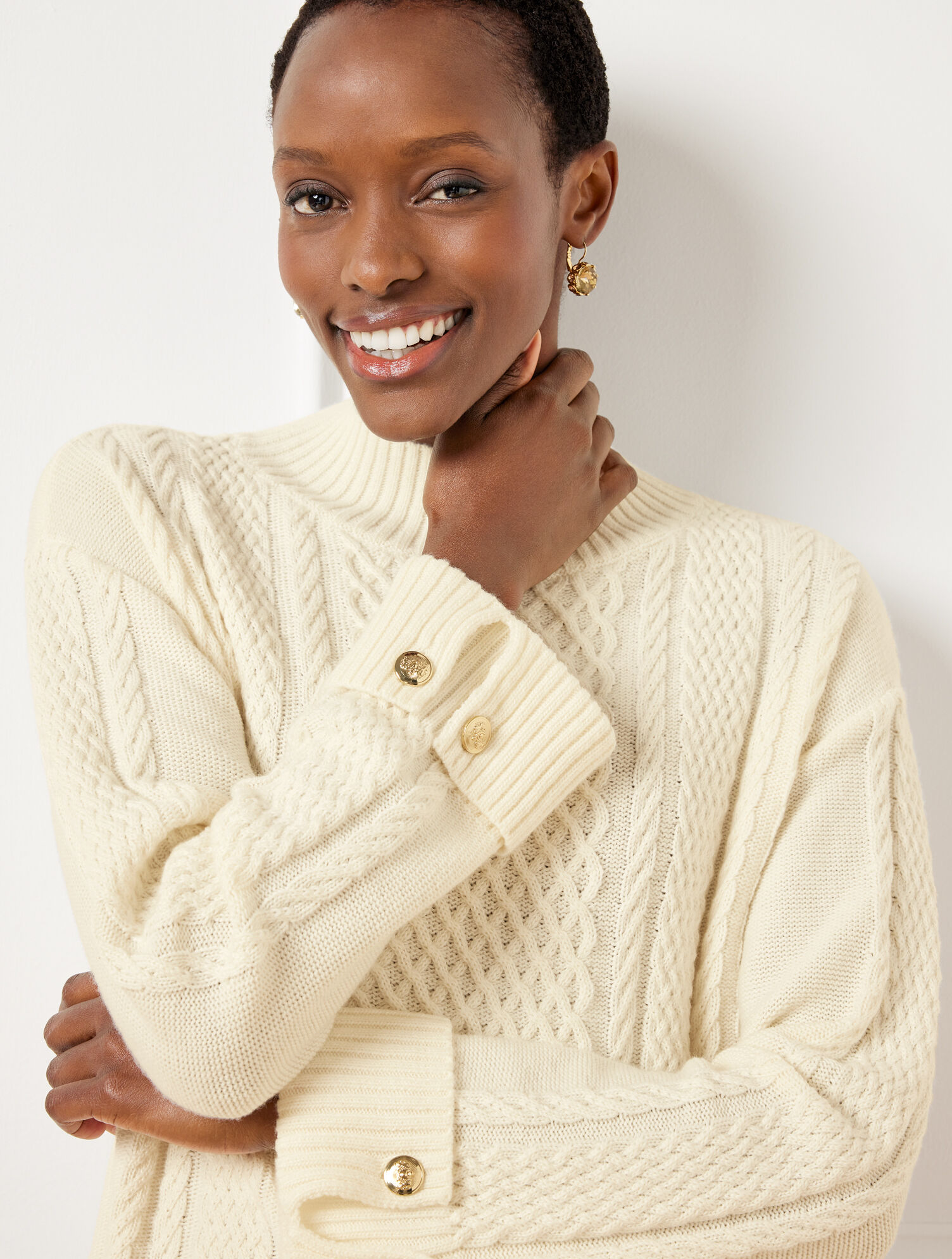 ニット/セーター Embellished-Button Ribbed Knit pullover Cable Knit Button Cuff Sweater | Talbots