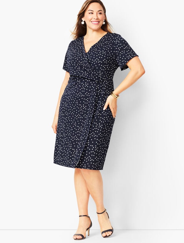 Plus Size Knit Jersey Faux-Wrap Dress - Dot Print
